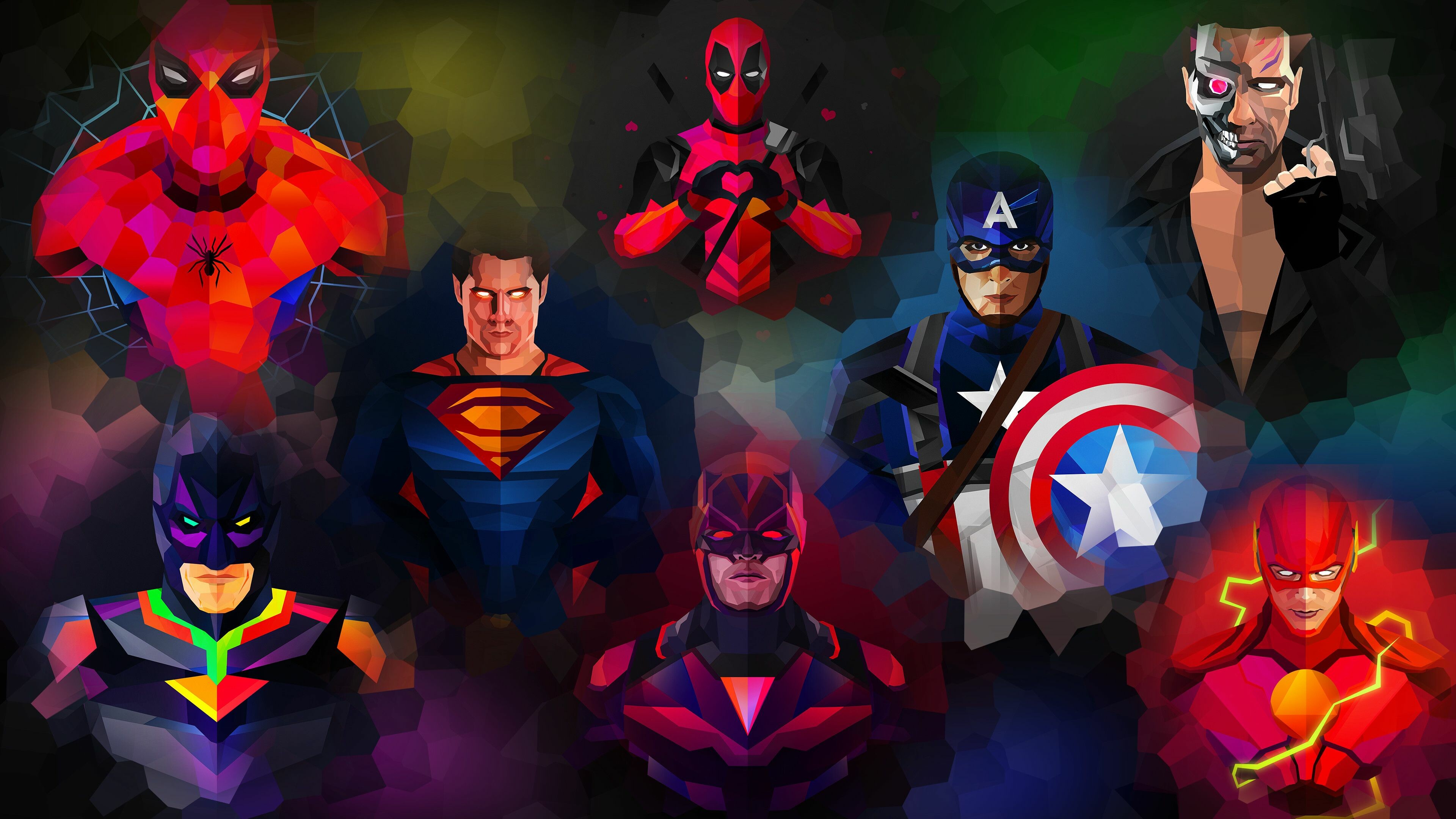 DC vs. Marvel: Batman, Superman, Spider-Man, Deadpool, Captain America, Flash, Daredevil. 3840x2160 4K Wallpaper.