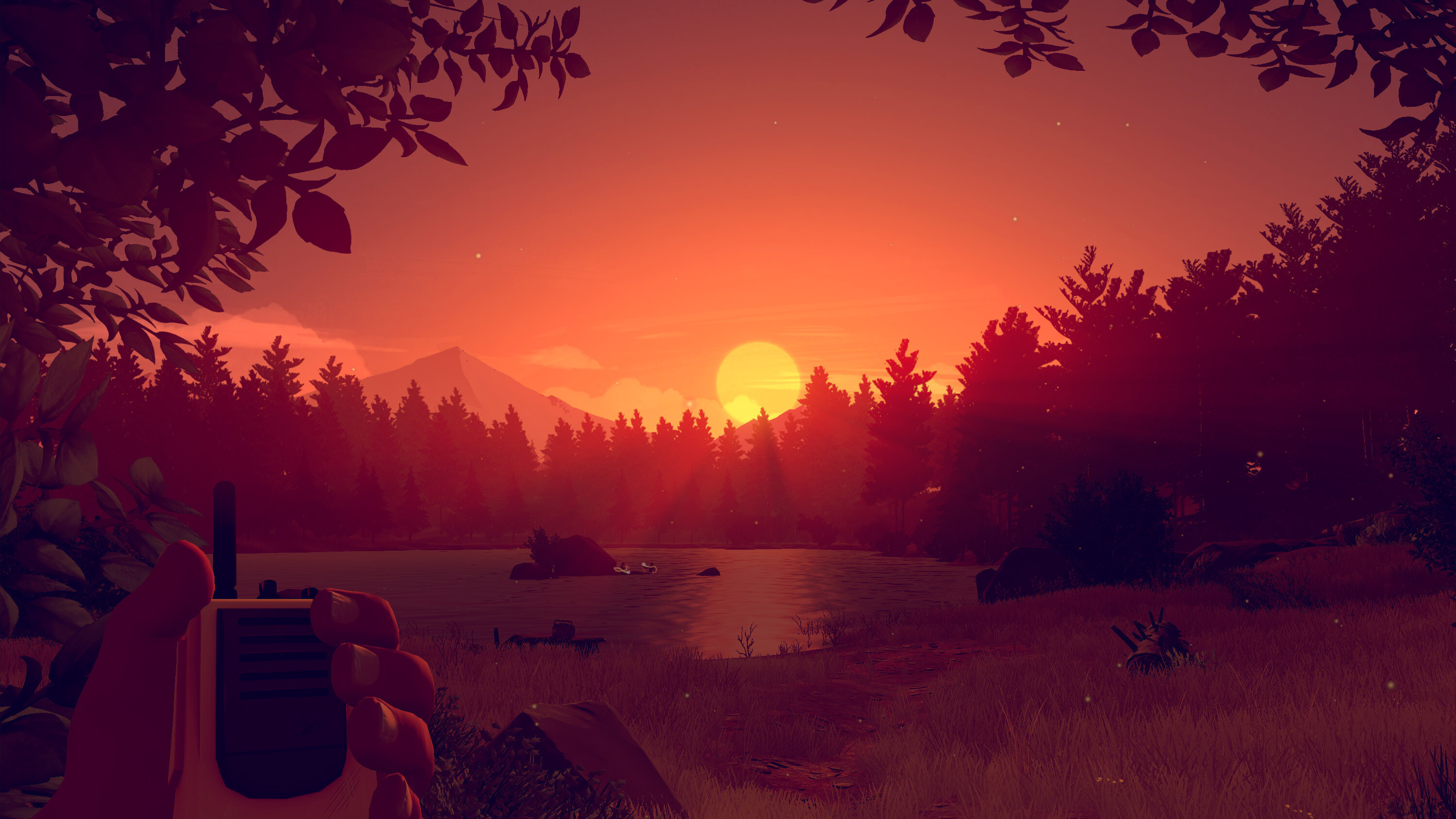 Firewatch: Henry interacts with Delilah using his walkie-talkie, Video game. 3000x1690 HD Background.