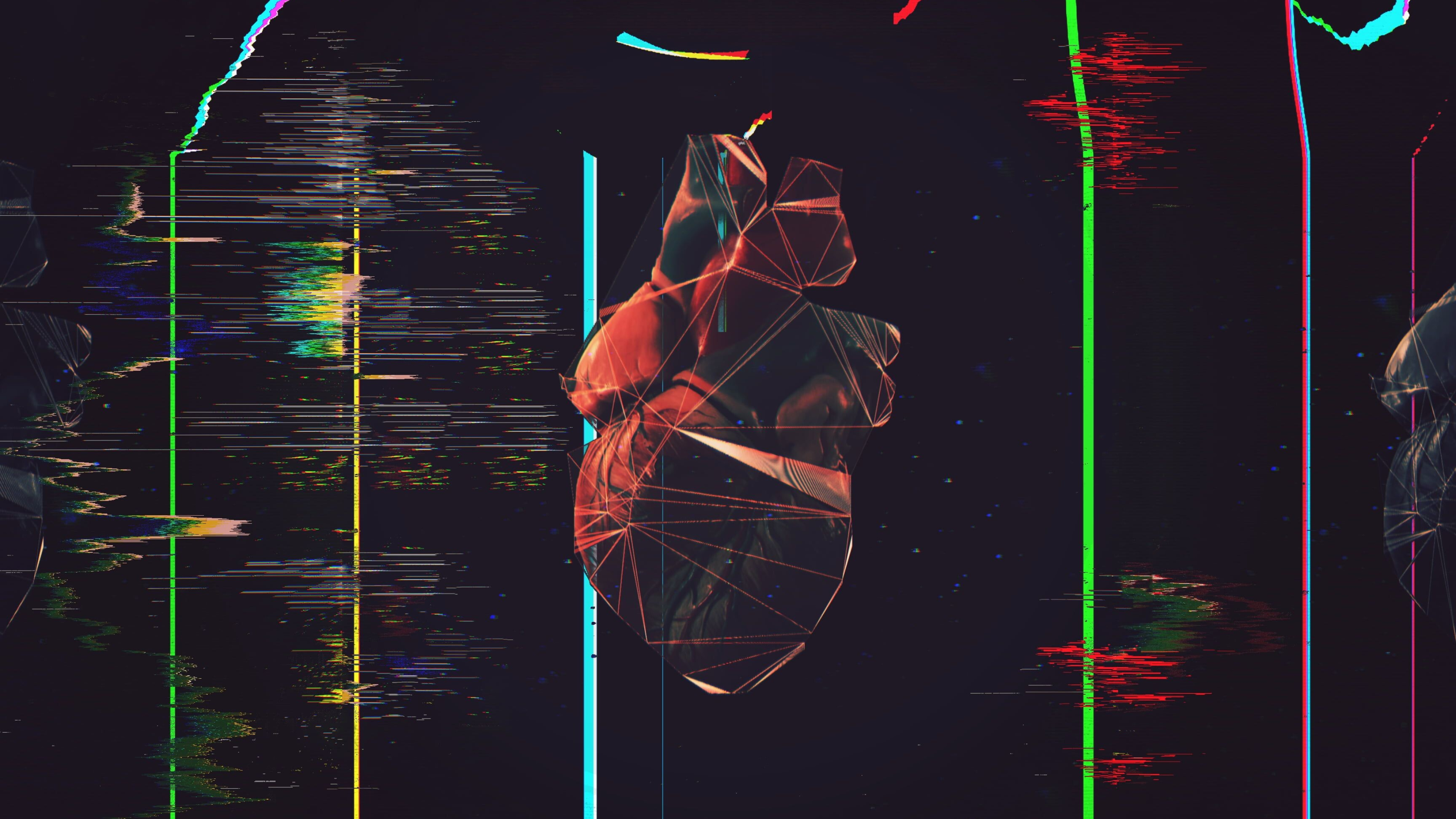 Glitch: Black and red human heart illustration, Polygonal art, Low poly, Abstract art. 3840x2160 4K Background.