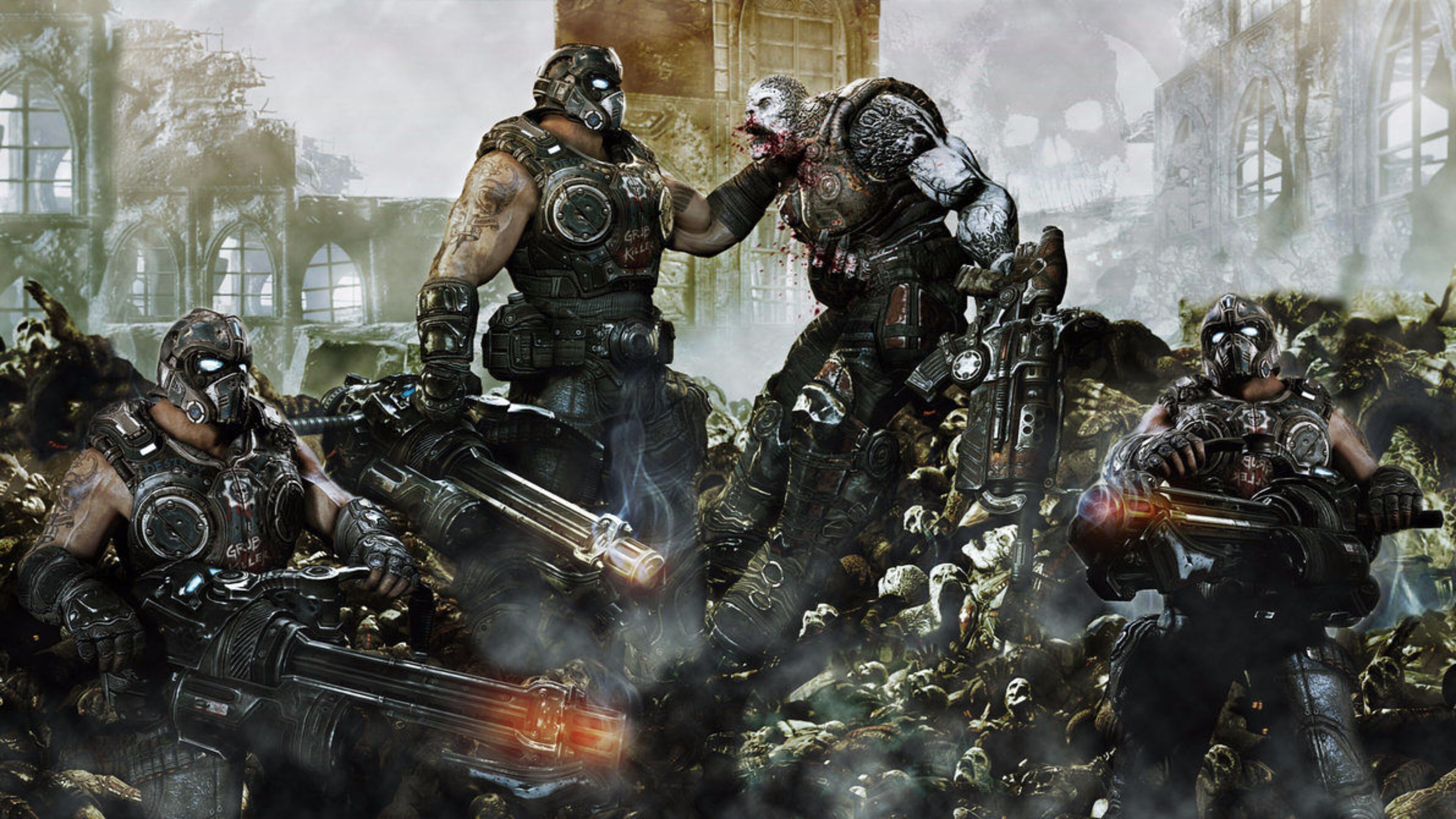 Gears of War: Locust Horde, Chain Gun, Alpha Squad, Delta-One, Jacinto Plateau. 3840x2160 4K Background.