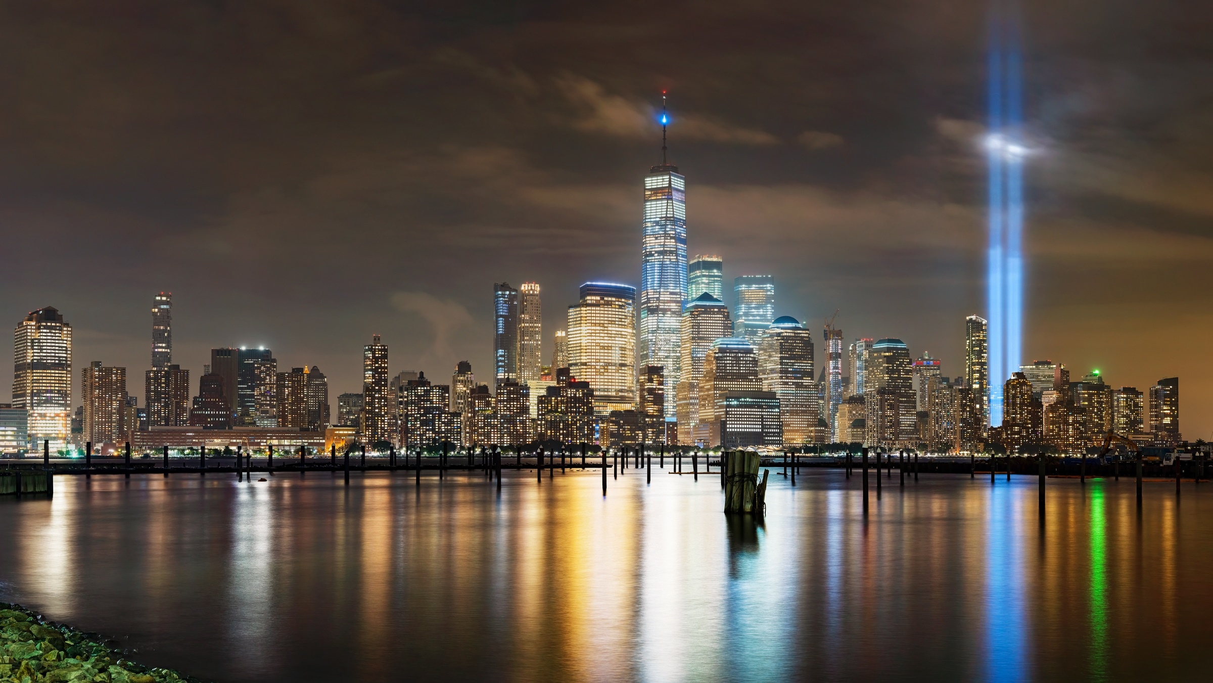 Manhattan Skyline at night, Tribute in light photos, Dramatic cityscape, Nighttime beauty, 2400x1360 HD Desktop