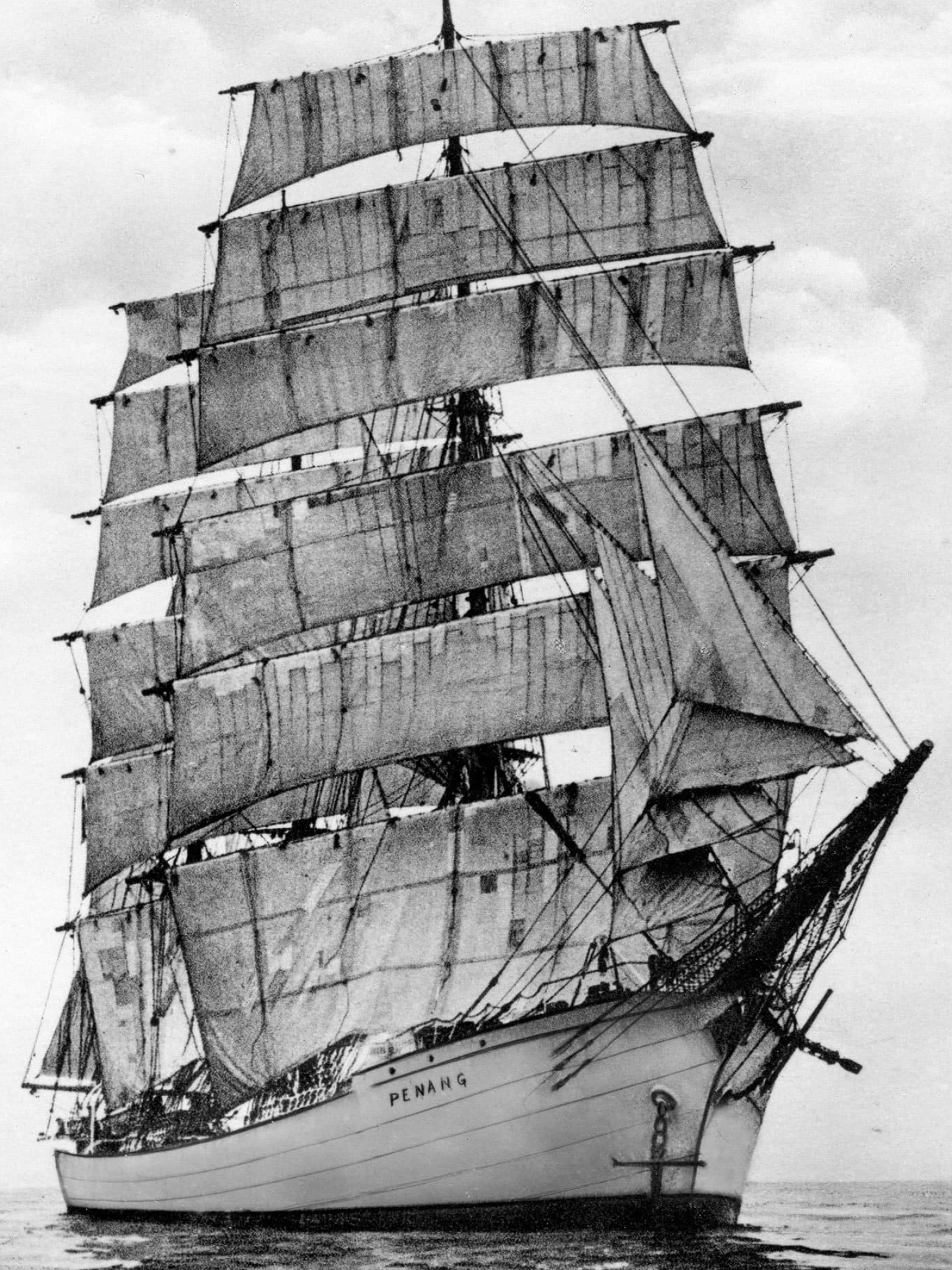 Windjammer: A four-masted, iron-hulled barque, Black and white. 1540x2050 HD Wallpaper.