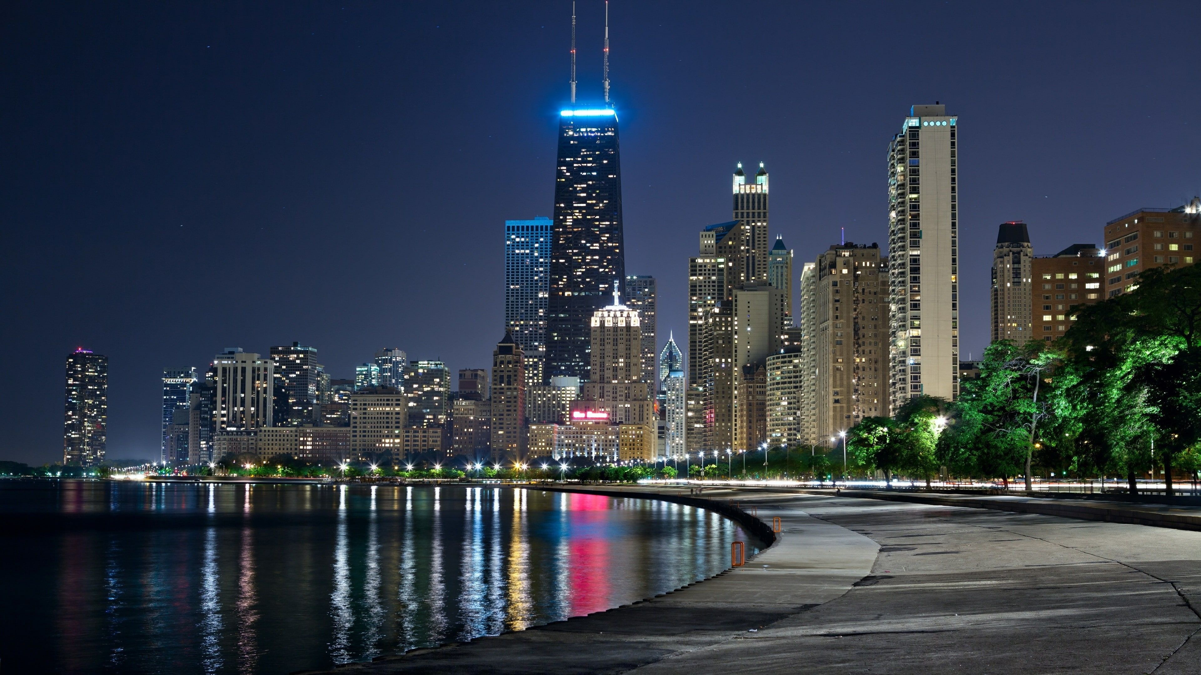 Chicago Skyline, Travels, Night city lights, 3840x2160 4K Desktop