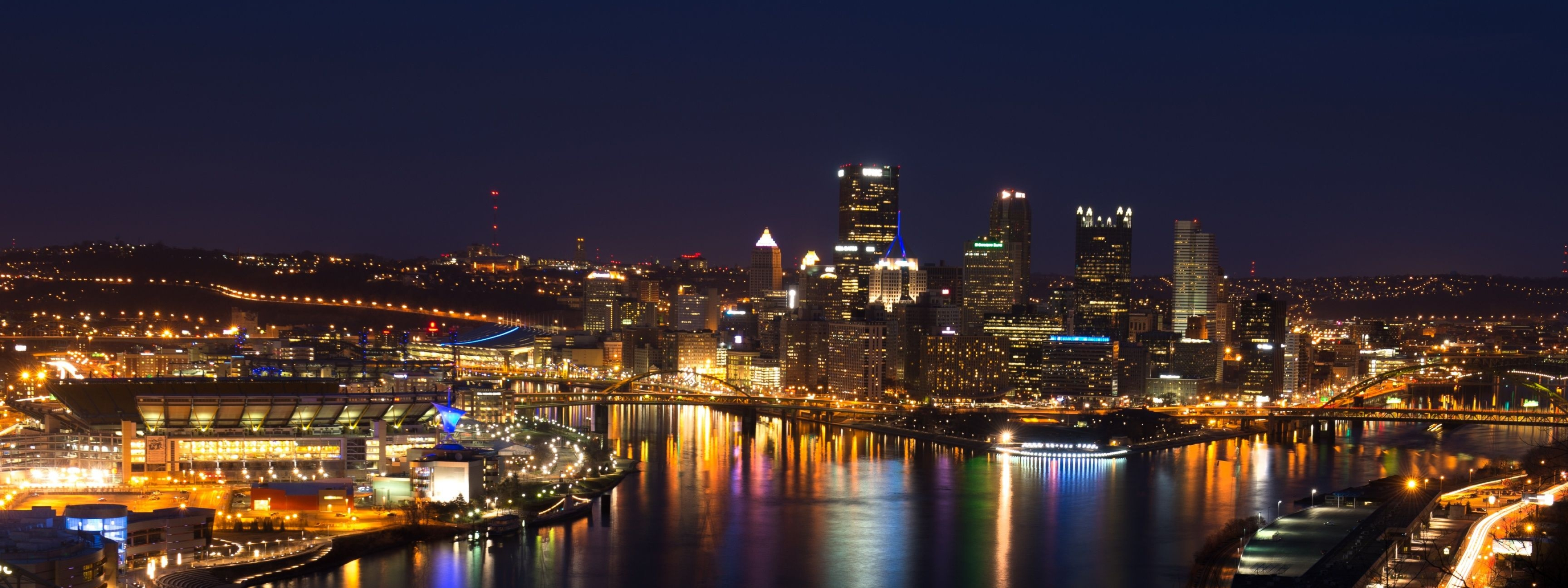 Pittsburgh skyline, Urban landscapes, Cityscapes at dusk, Skyline photography, 3840x1440 Dual Screen Desktop