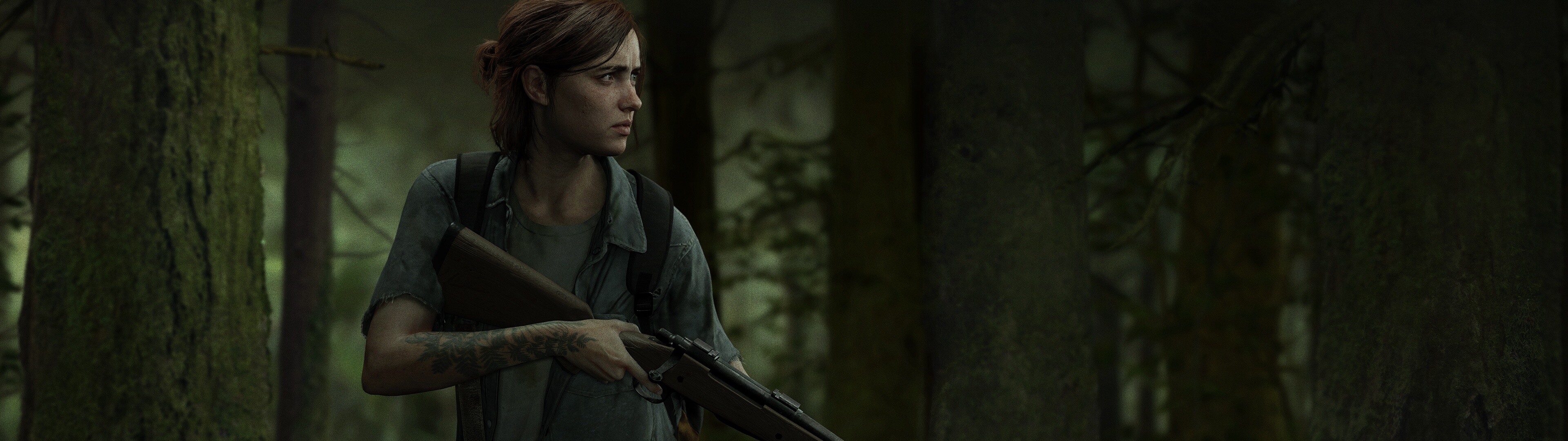 The Last of Us: The player traverses post-apocalyptic environments such as buildings and forests to advance the story, Ellie. 3840x1080 Dual Screen Background.