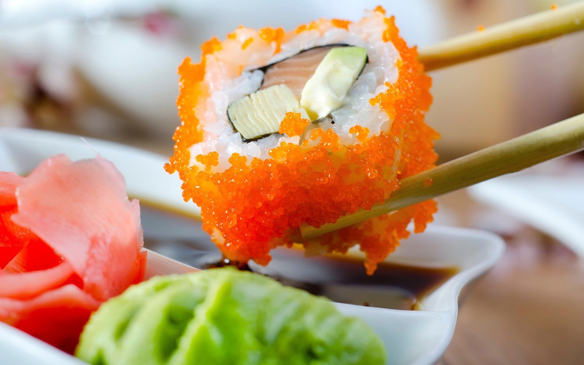 Sushi: California roll, an uramaki containing crab, avocado, and cucumber. 1920x1200 HD Wallpaper.
