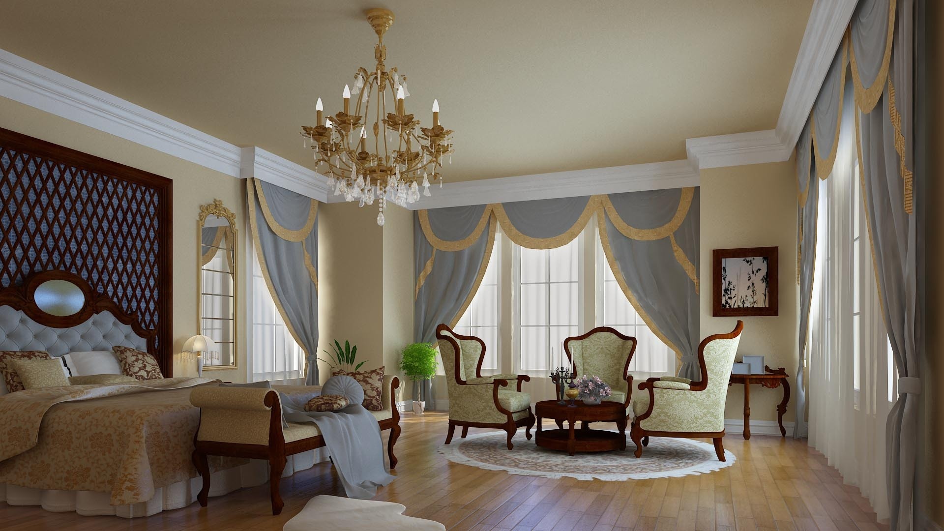 Interior chandelier, Classical bedroom, Chair-bed design, Timeless elegance, 1920x1080 Full HD Desktop