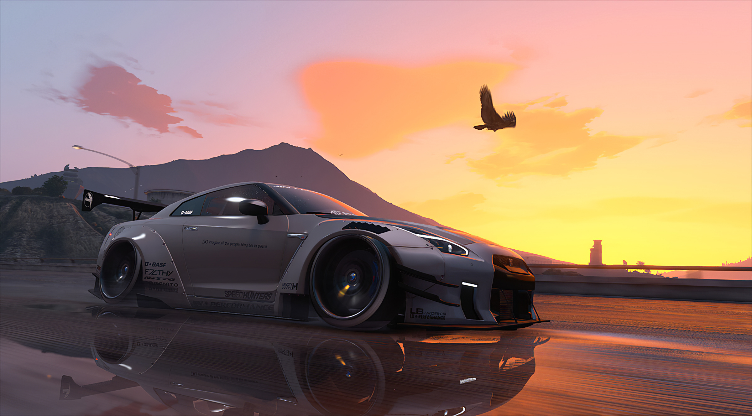 Nissan GT-R, Sunset background, Captivating colors, Luxury car, 2400x1330 HD Desktop