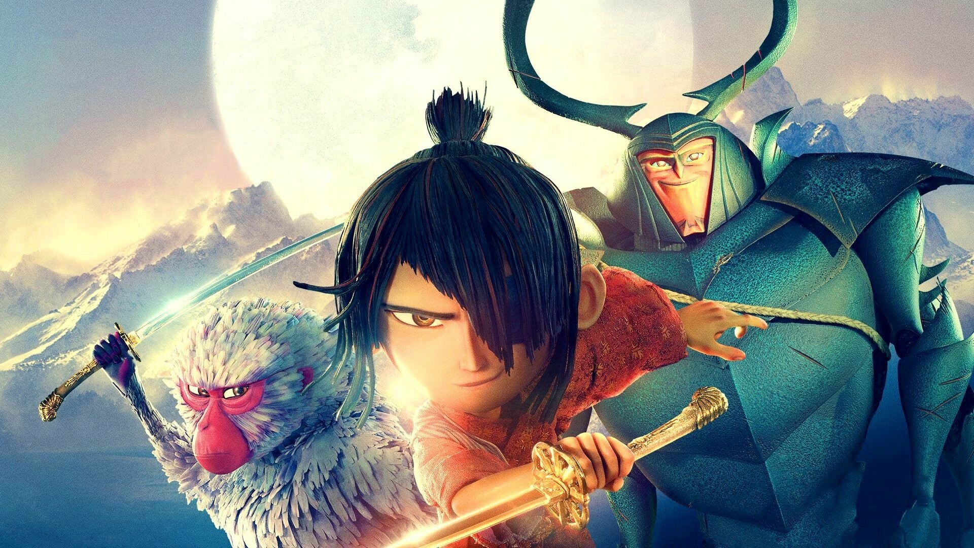 Kubo and the Two Strings: The movie characters, A boy with Monkey and Beetle, set out on a thrilling quest. 1920x1080 Full HD Background.