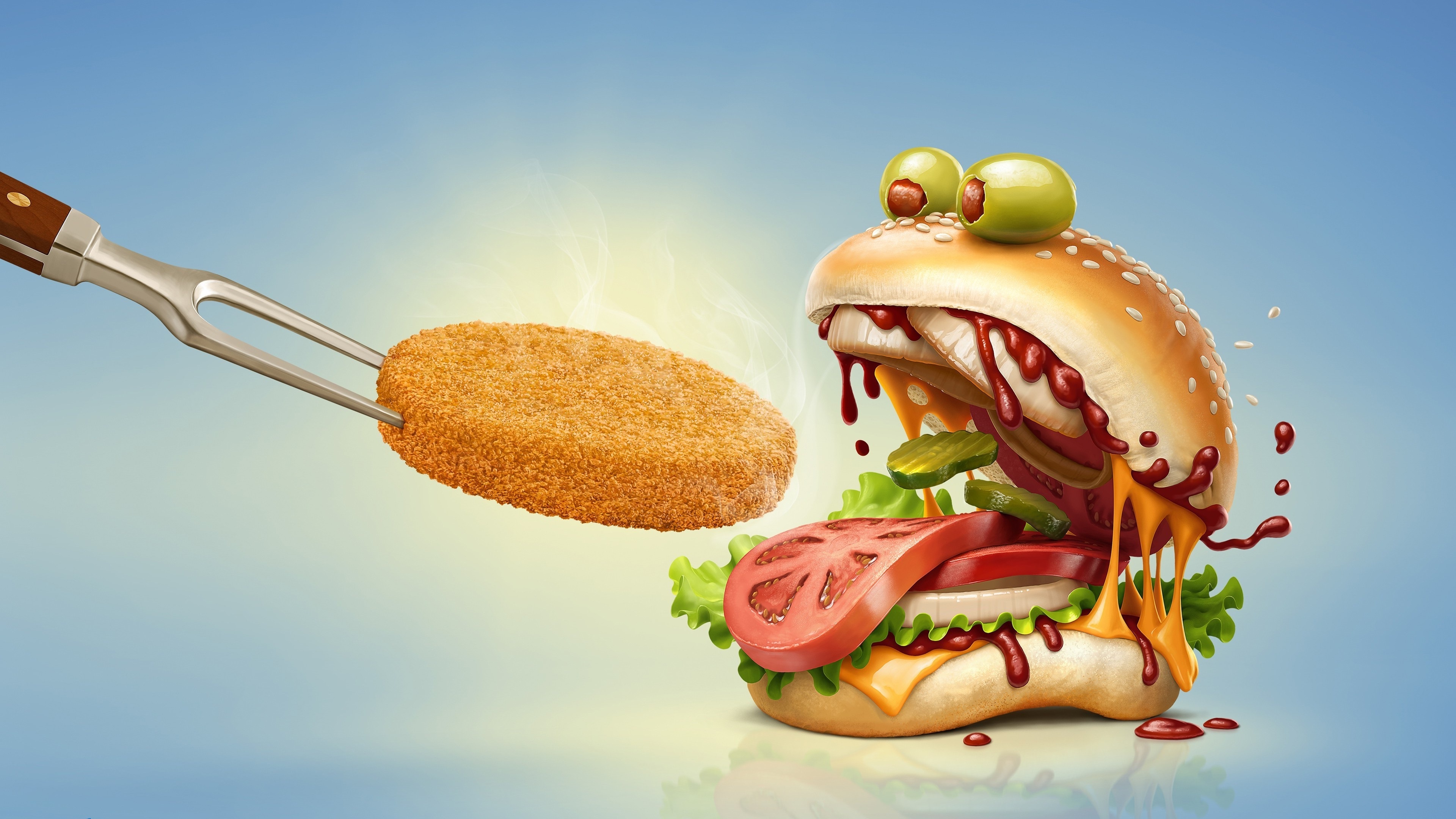 Hamburger: Sesame seed buns, Patty topped with cheese, Cuisine. 3840x2160 4K Wallpaper.