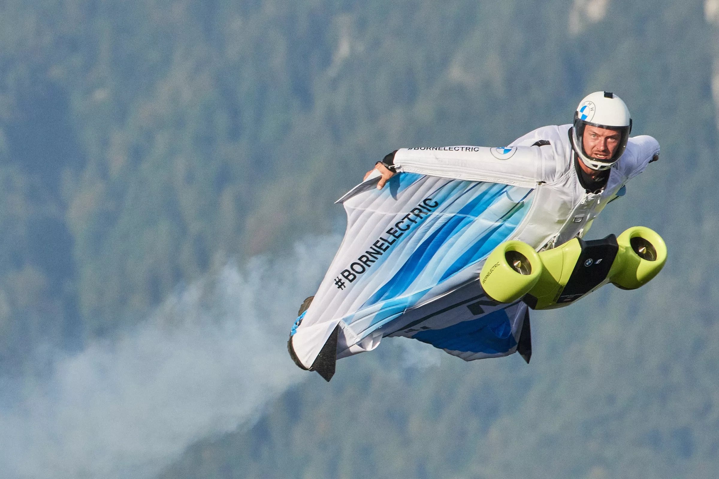 Wingsuit Flying: Austrian Stuntman Peter Salzmann Puts World's First Electric BMW Wingsuit To Test. 2400x1600 HD Background.