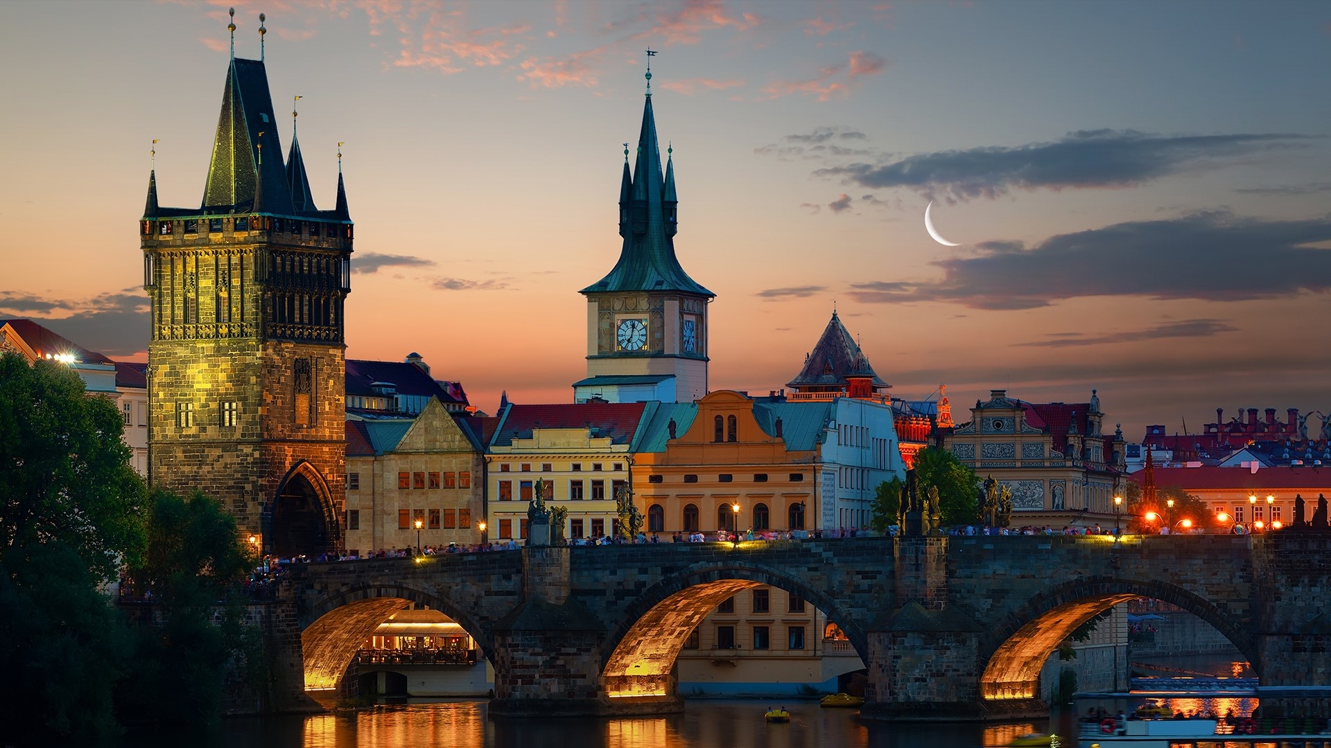 Towers on Charles Bridge, Vltava River, Captivating sunset, Prague at dusk, 1920x1080 Full HD Desktop