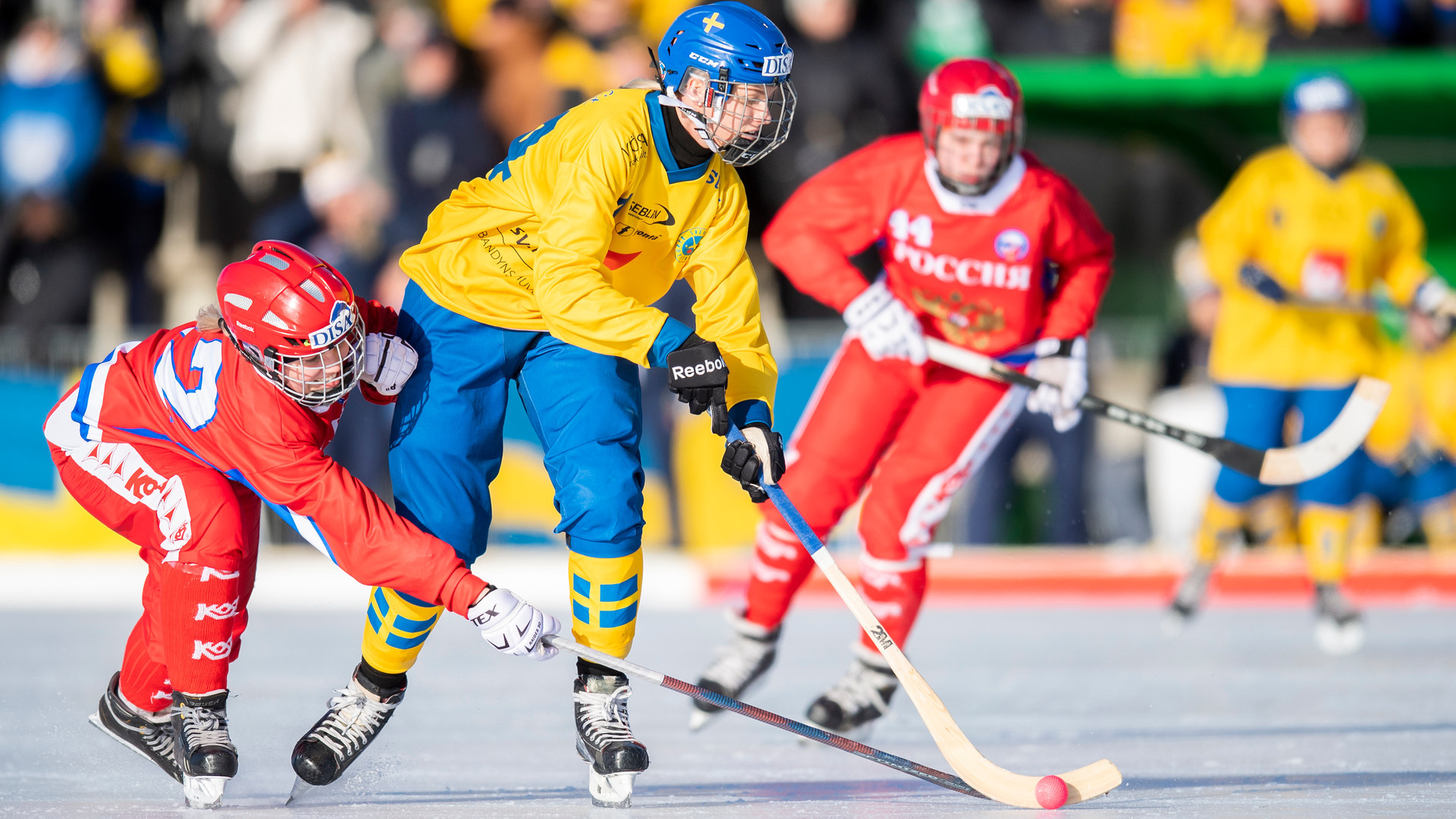 Bandy (Sports): Russia vs. Sweden, International competitive winter sports discipline. 1920x1080 Full HD Background.