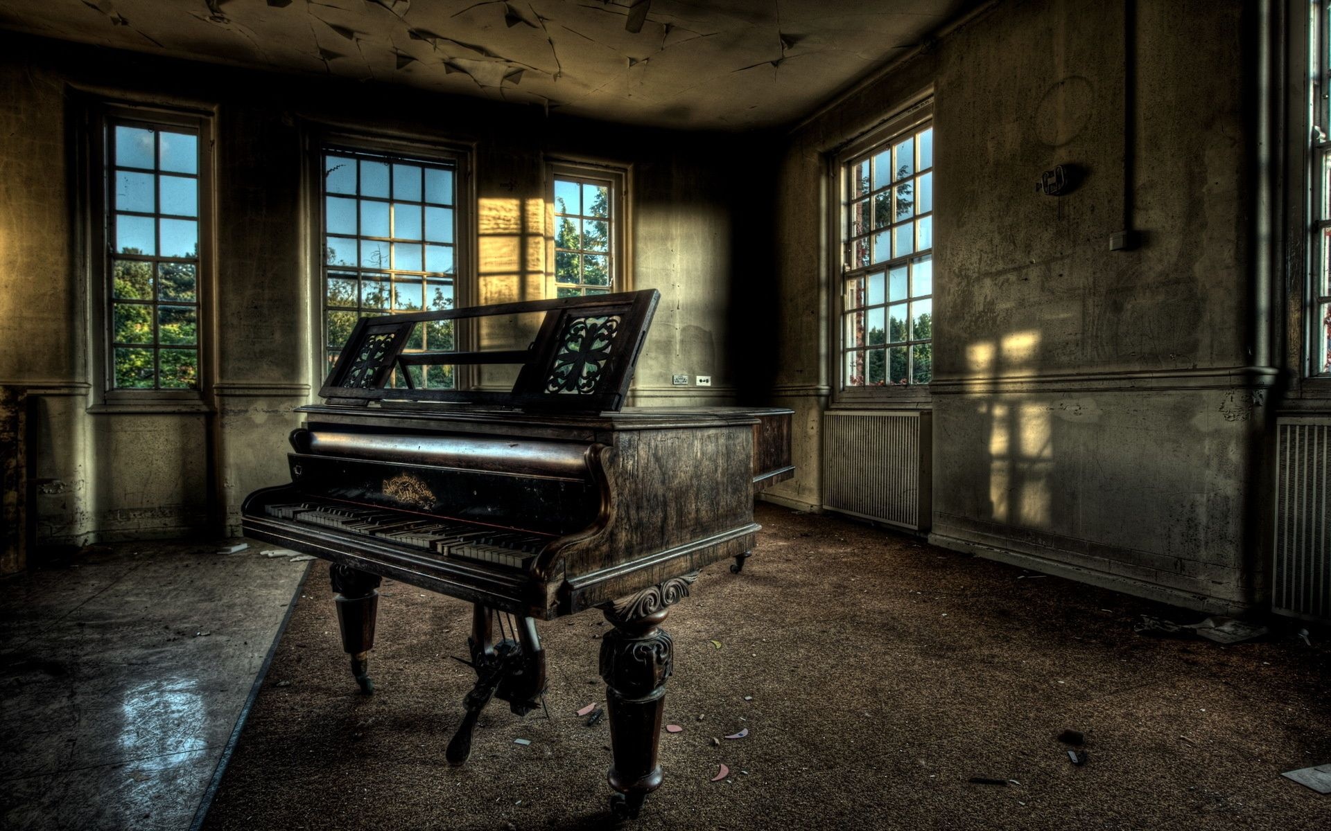 Grand Piano: Abandoned house, A musical stringed instrument resembling a harp set in a horizontal frame. 1920x1200 HD Wallpaper.