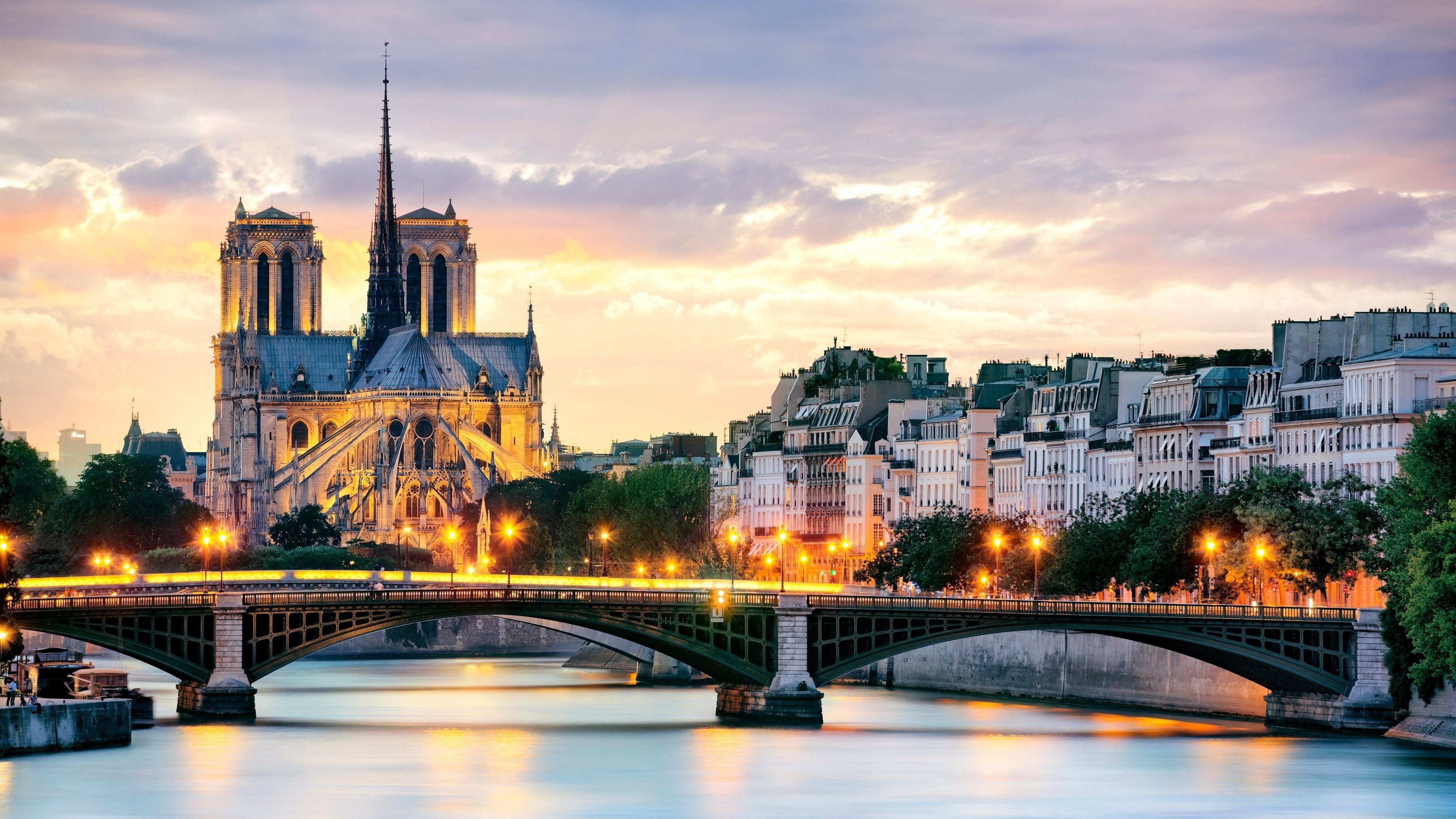 Gothic Architecture: Cathedral, Temple, France, Notre-Dame de Paris, The Seine River, Center of the city. 3840x2160 4K Background.