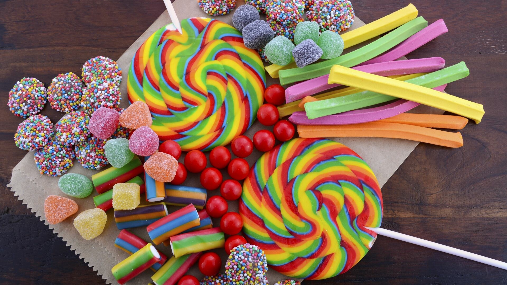 Sweets: Lollipop, Gumdrops, Candies. 1920x1080 Full HD Background.