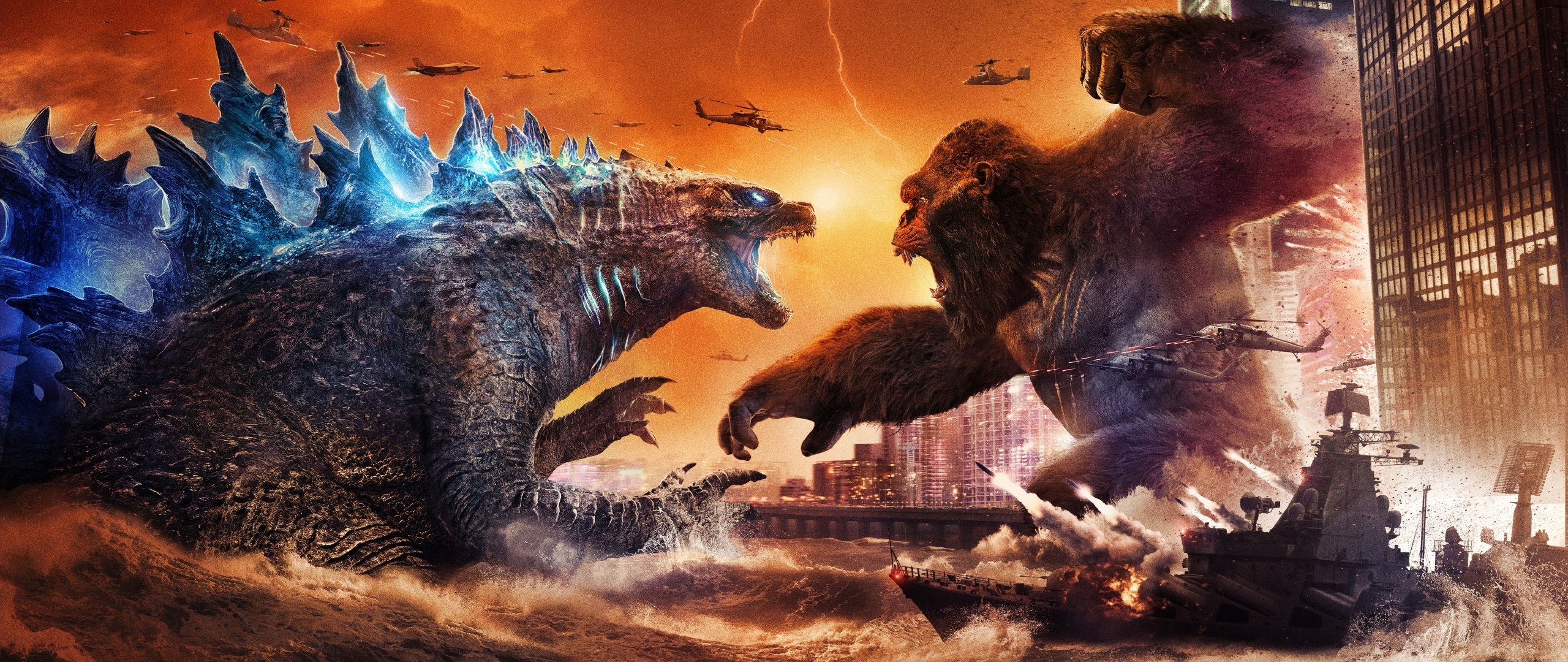Godzilla: Has fought characters from other franchises in crossover media, such as King Kong. 2560x1080 Dual Screen Wallpaper.