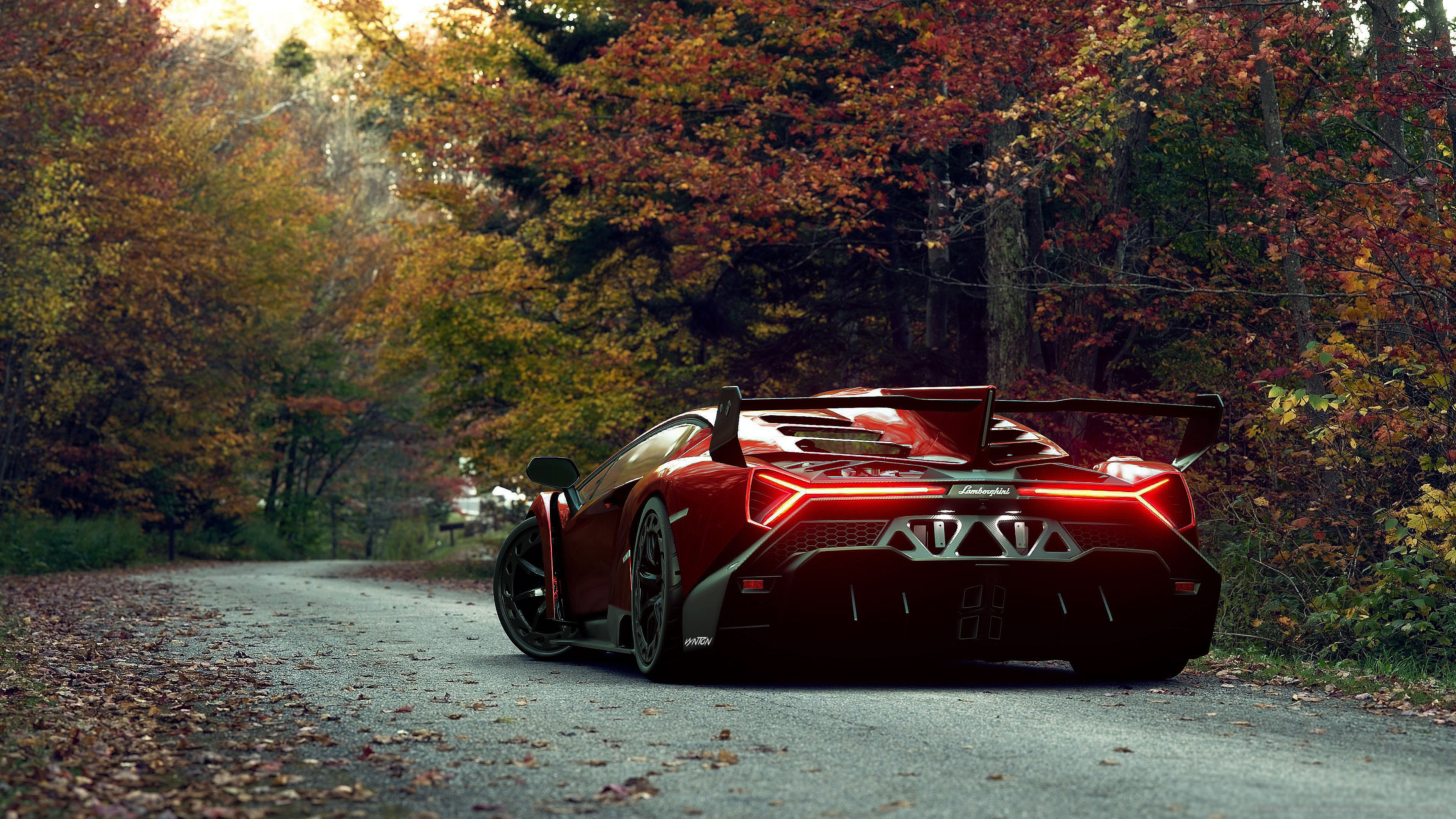 Lamborghini Veneno, Digital art, Autumn colors, Supercar wallpapers, 3840x2160 4K Desktop