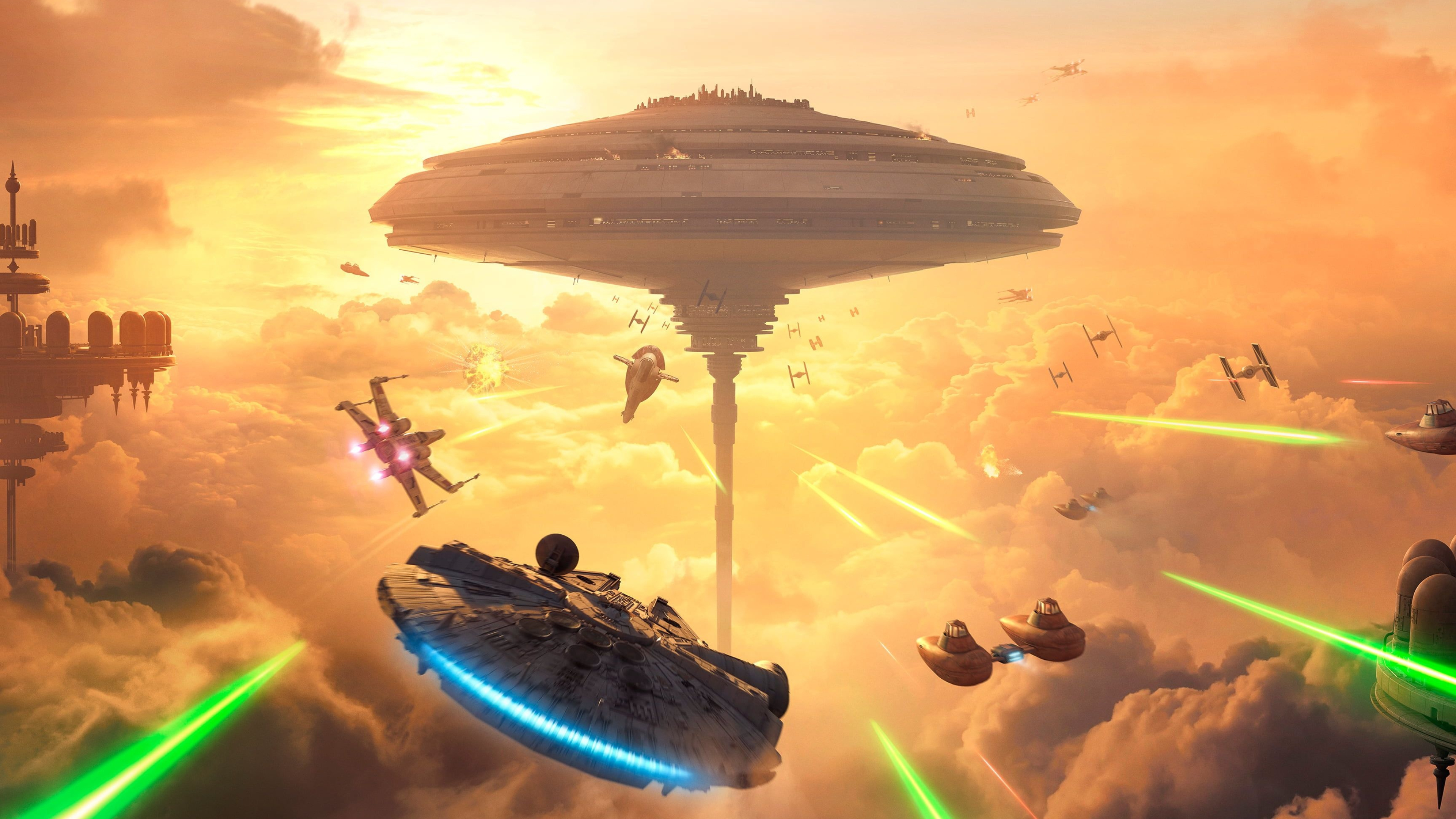 Millennium Falcon above Cloud City, Scenic wallpaper, Star Wars spaceship, HD image, 3840x2160 4K Desktop