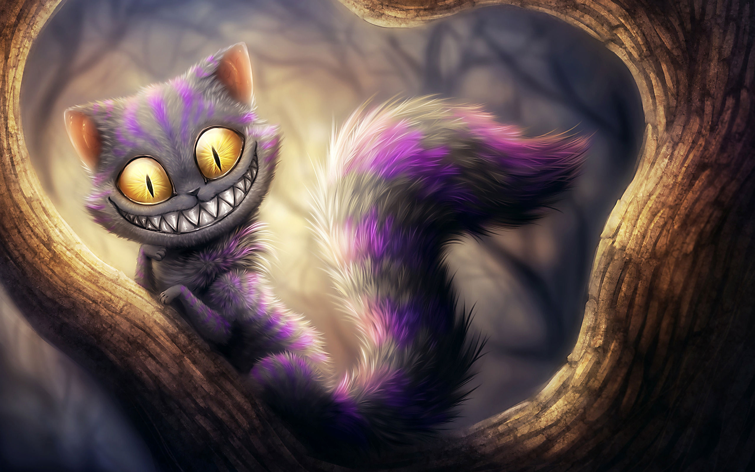 Cheshire Cat: Alice in Wonderland, Cartoon character, Carnivorous mammal. 2560x1600 HD Background.