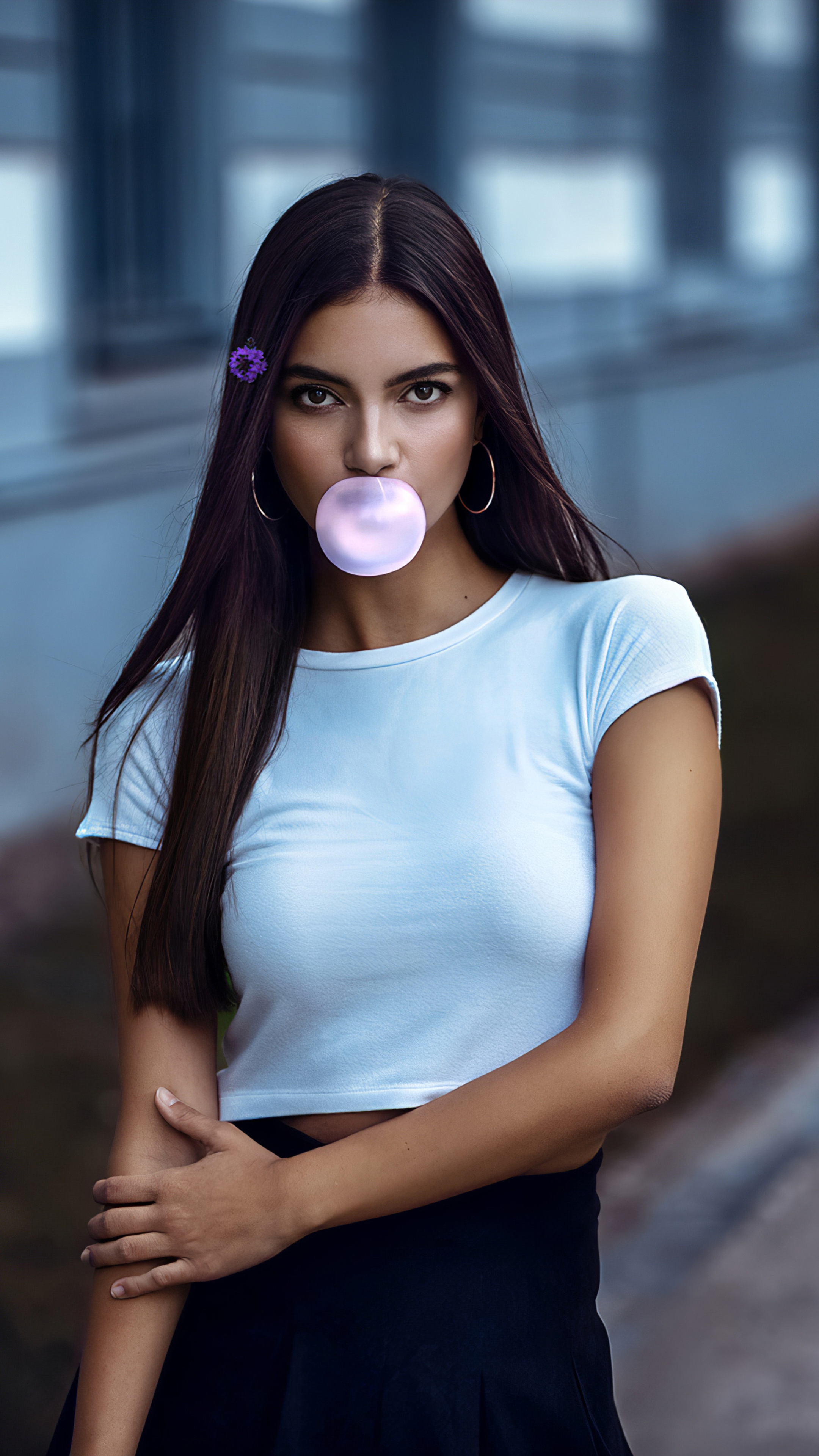 Young girl blowing bubble gum, Innocent and playful, Bubble-blowing delight, Carefree enjoyment, 2160x3840 4K Handy