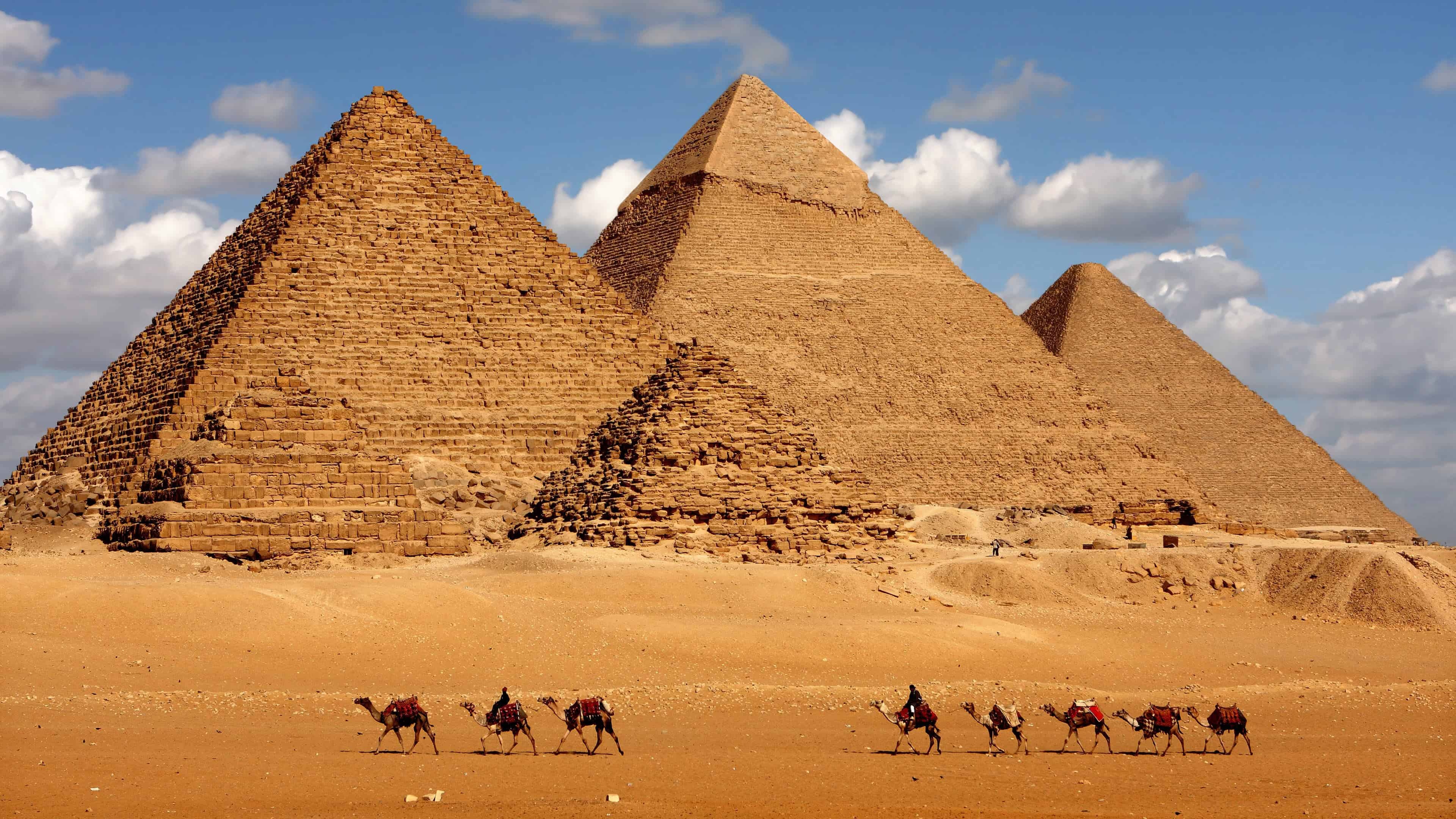 Pyramids of Giza, Pyramids and camels, UHD 4K wallpaper, Egyptian wonders, 3840x2160 4K Desktop