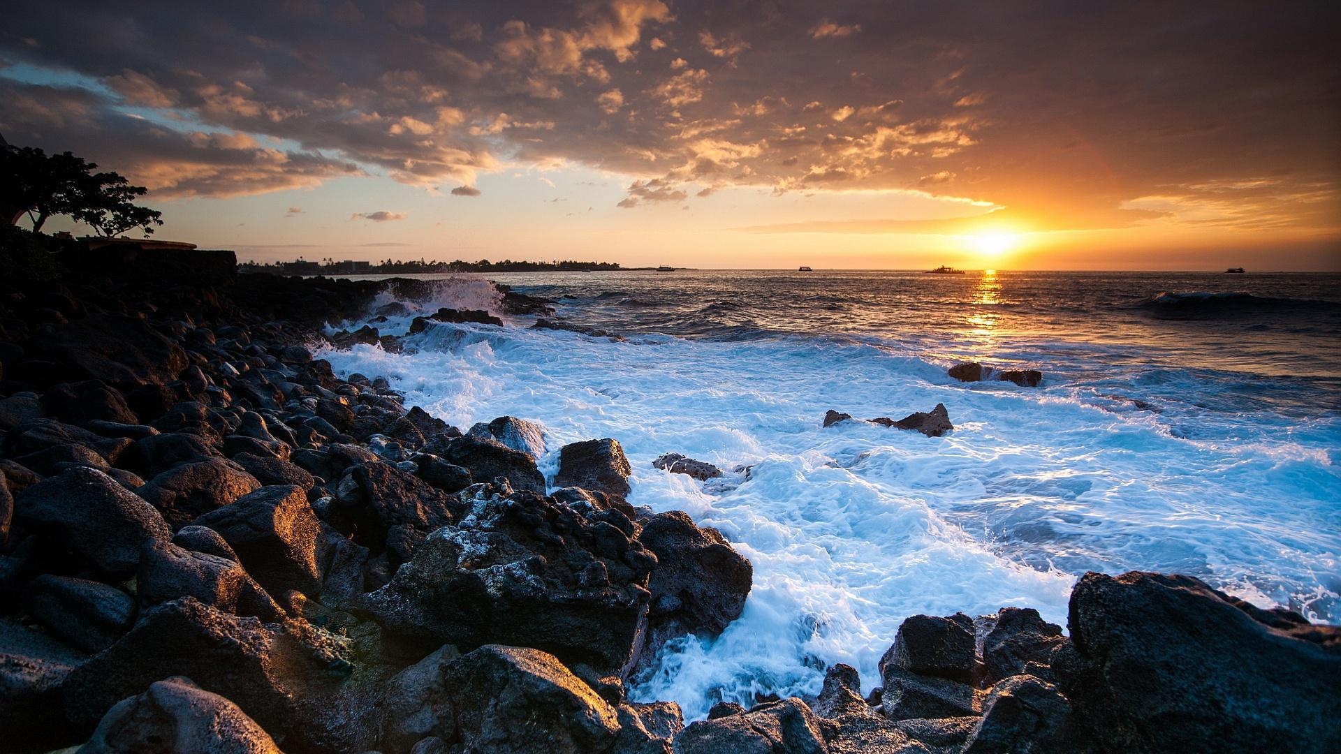 Hawaiian sunset, Rugged coast, Breathtaking view, Natural splendor, 1920x1080 Full HD Desktop