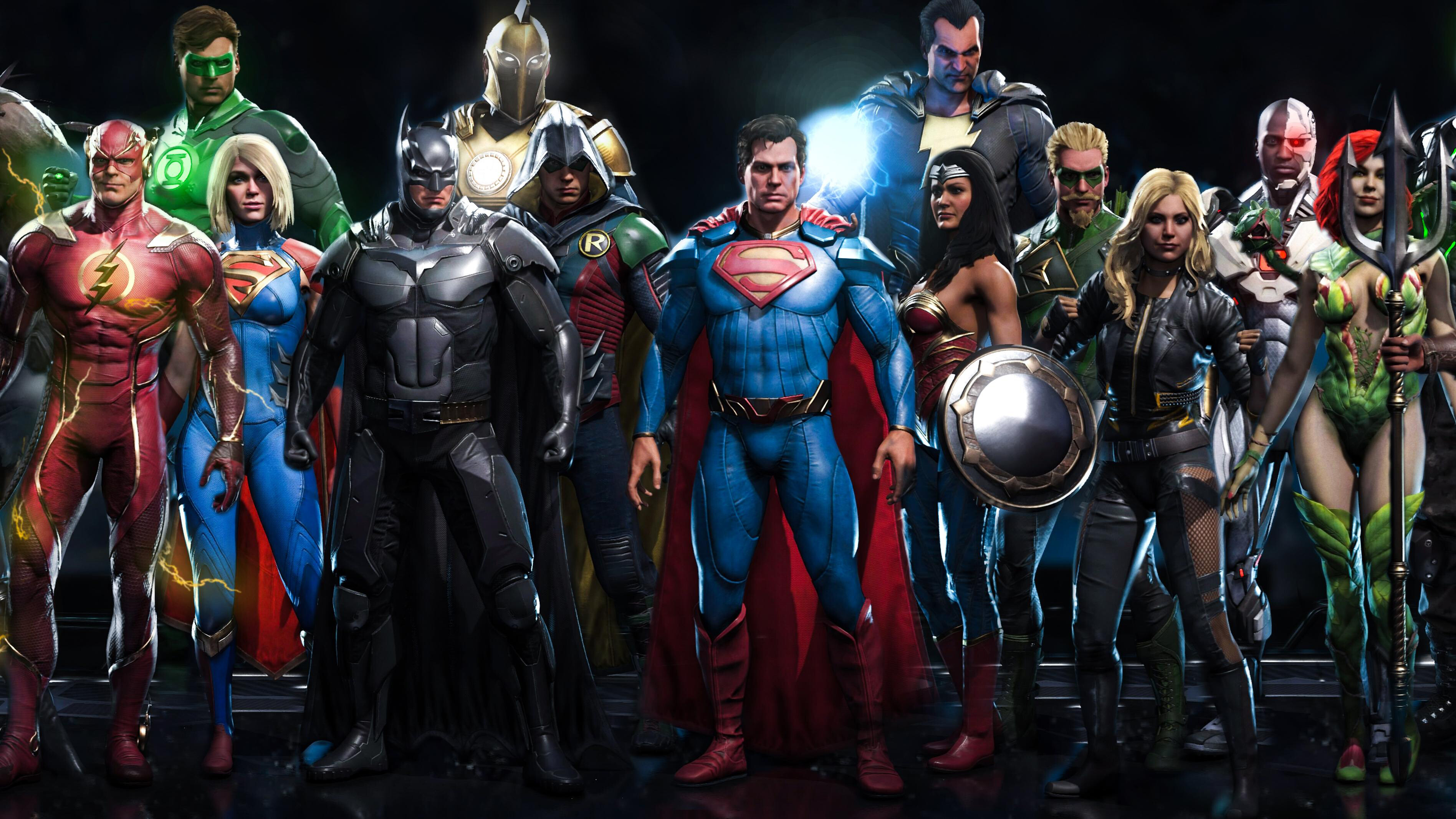 DC Heroes: Superheroes, Robin, Batman, Superman, Wonder Woman, Flash, Cyborg, Shazam, Green Lantern. 3800x2140 HD Background.