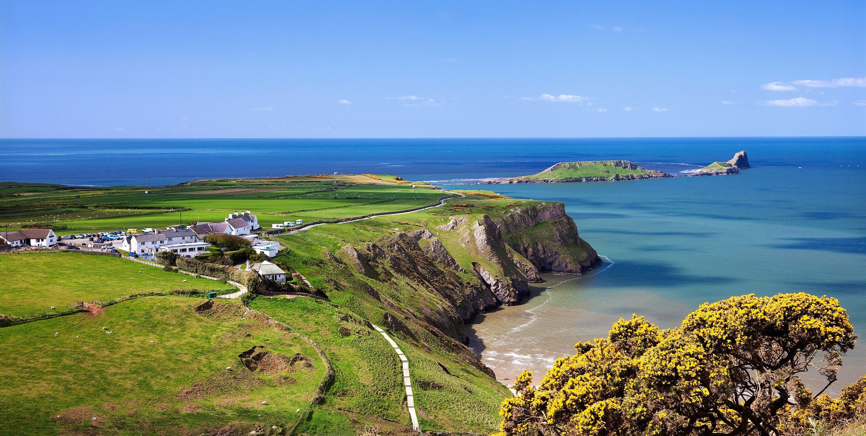 Gower Peninsula, Coastal beauty, Wales camping, Nature getaway, 3000x1520 HD Desktop