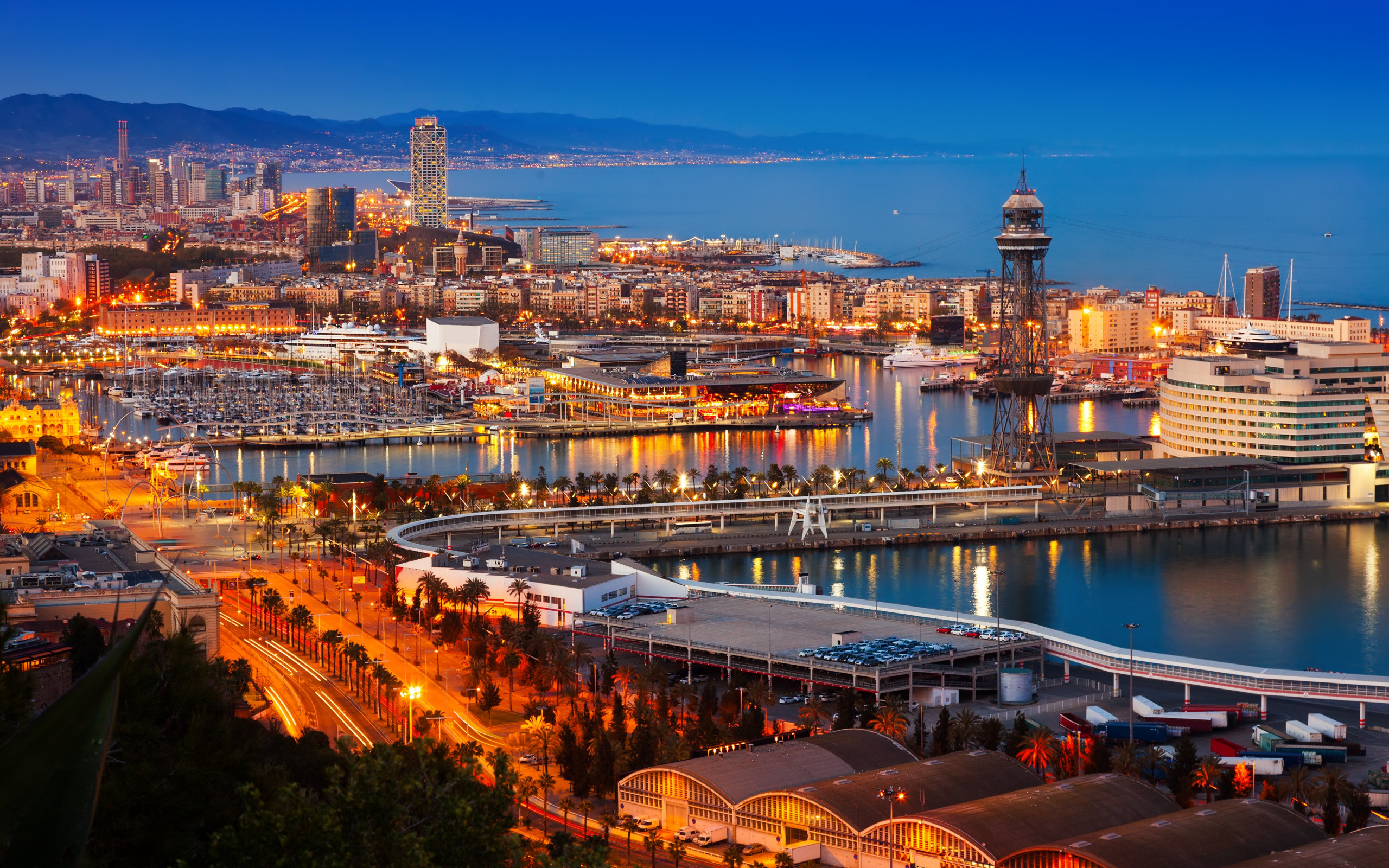 Barcelona City: Water, City lights, Shore, Coast, Night city, Spain, Port. 2560x1600 HD Background.