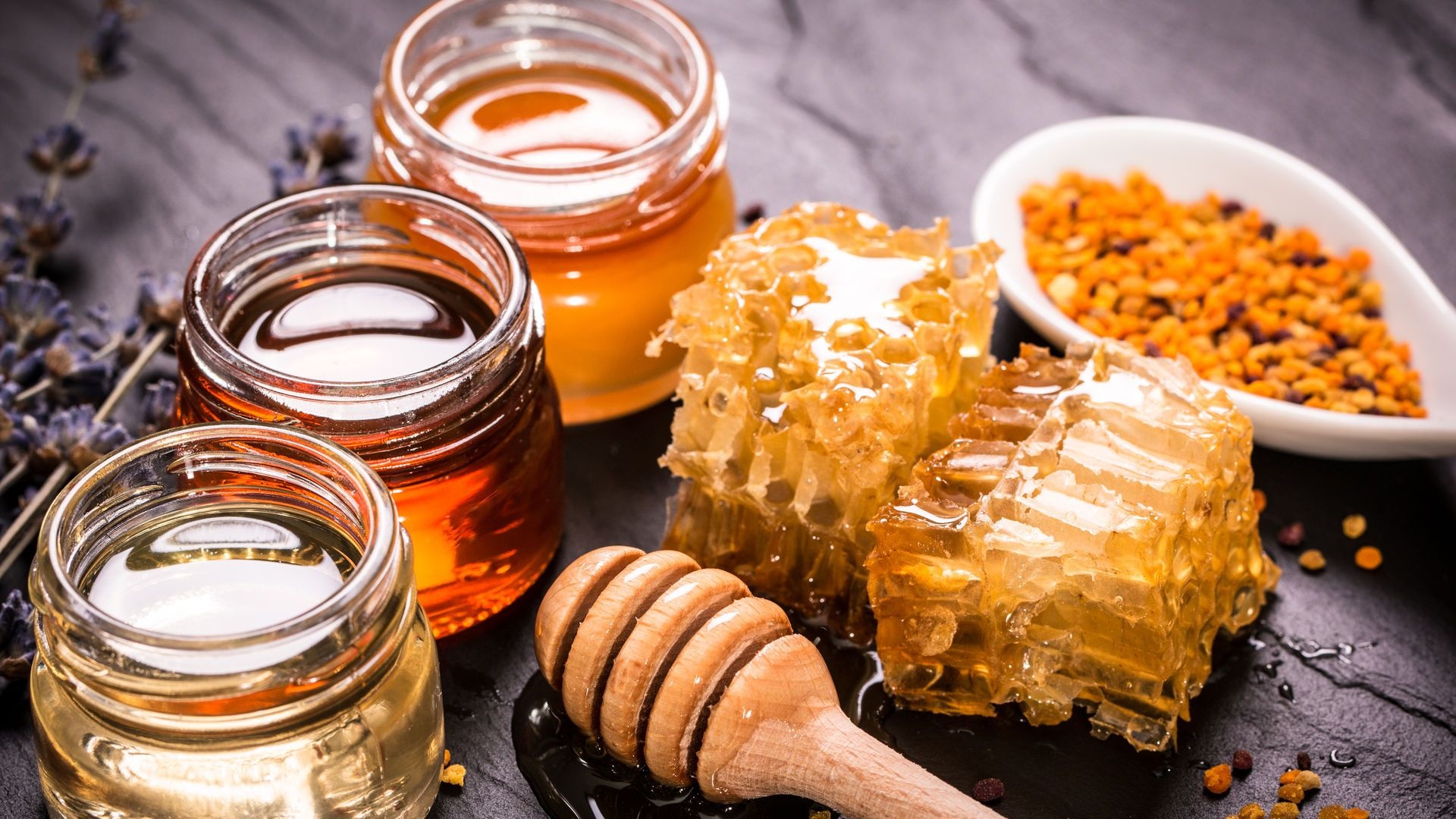 Honey: Made by bees from the nectar they collect from flowers. 1920x1080 Full HD Wallpaper.