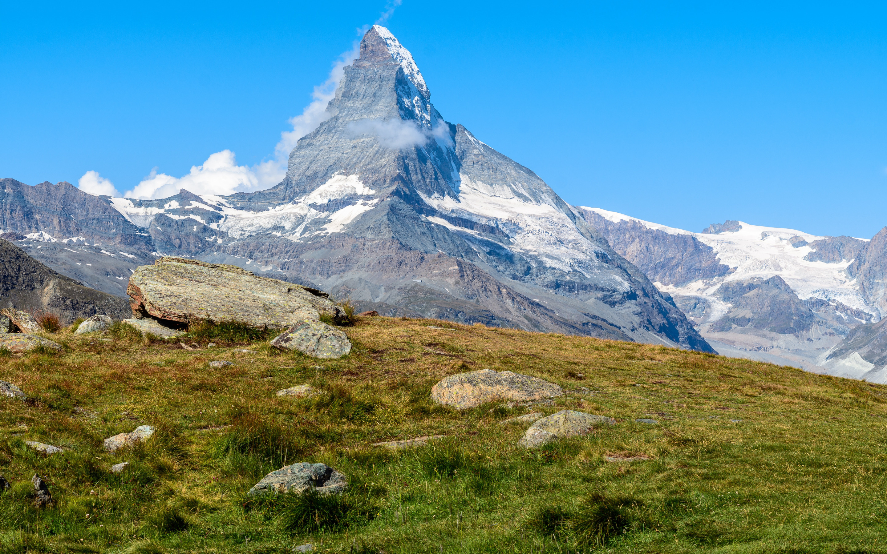 Matterhorn and cliffs, Green meadow view, Pristine landscape, Italian Alps charm, 2880x1800 HD Desktop