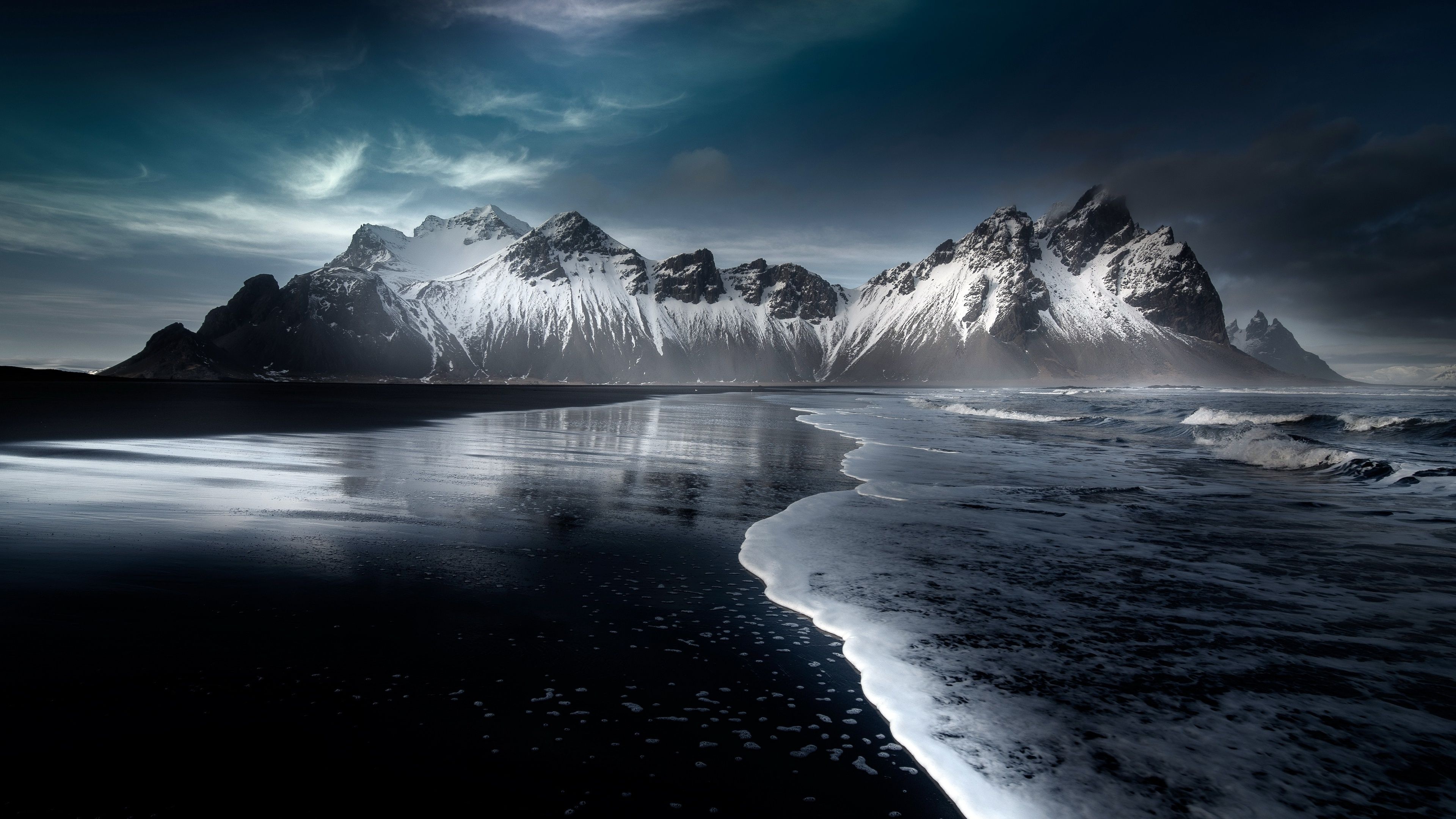 Vestrahorn, Snowy beach beauty, Icelandic nature, Stunning wallpapers, 3840x2160 4K Desktop