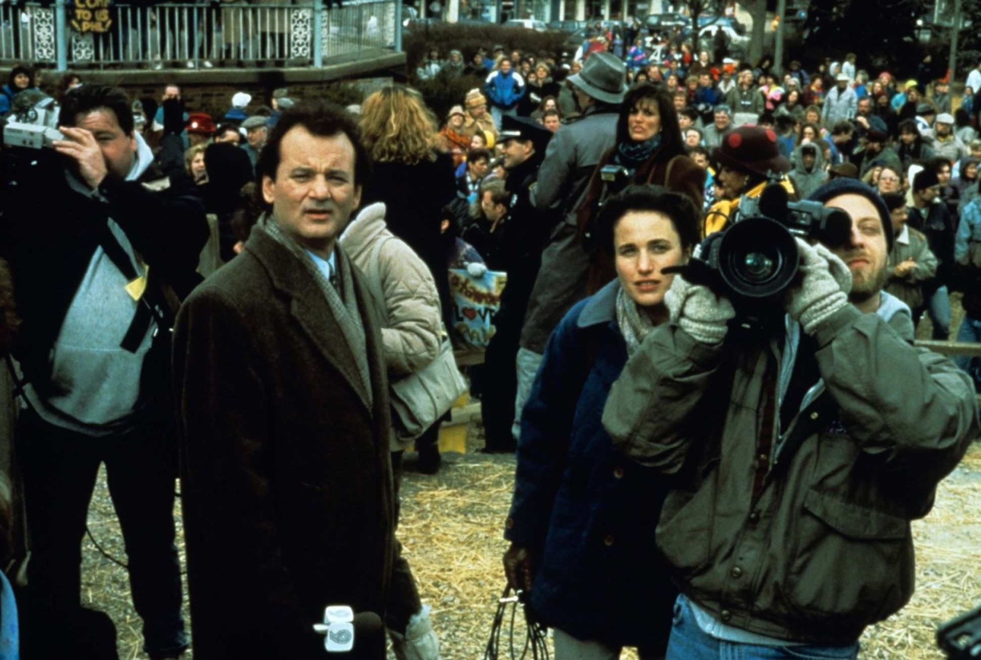 Groundhog Day (Movie): Phil Connors, Rita Hanson, and Larry the cameraman. 1950x1310 HD Wallpaper.