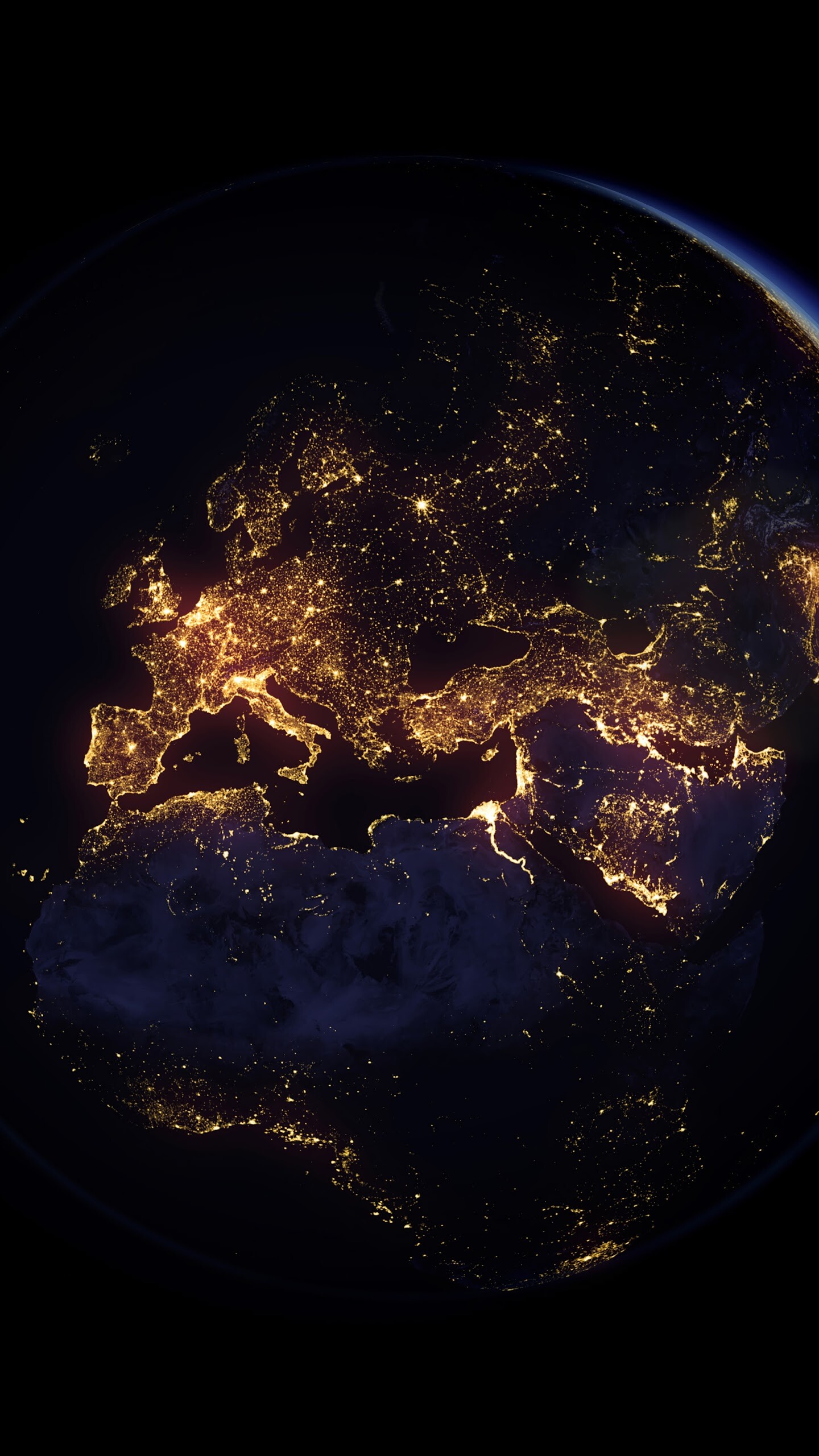 Earth at Night: Planet, Space, Europe, Africa, Constellation of lights. 1440x2560 HD Wallpaper.