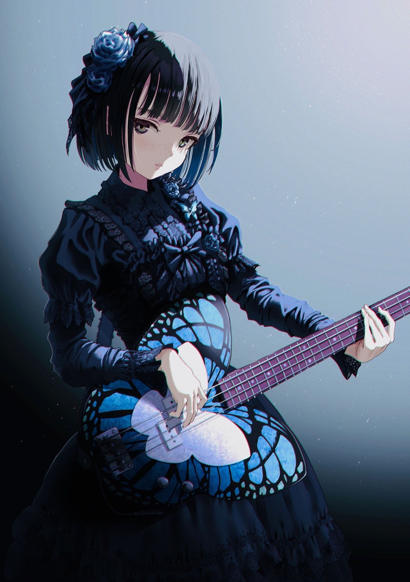 Gothic Anime: Girl with bass guitar, Medieval style subculture, Victorian dress, Manga girl. 1410x2000 HD Wallpaper.