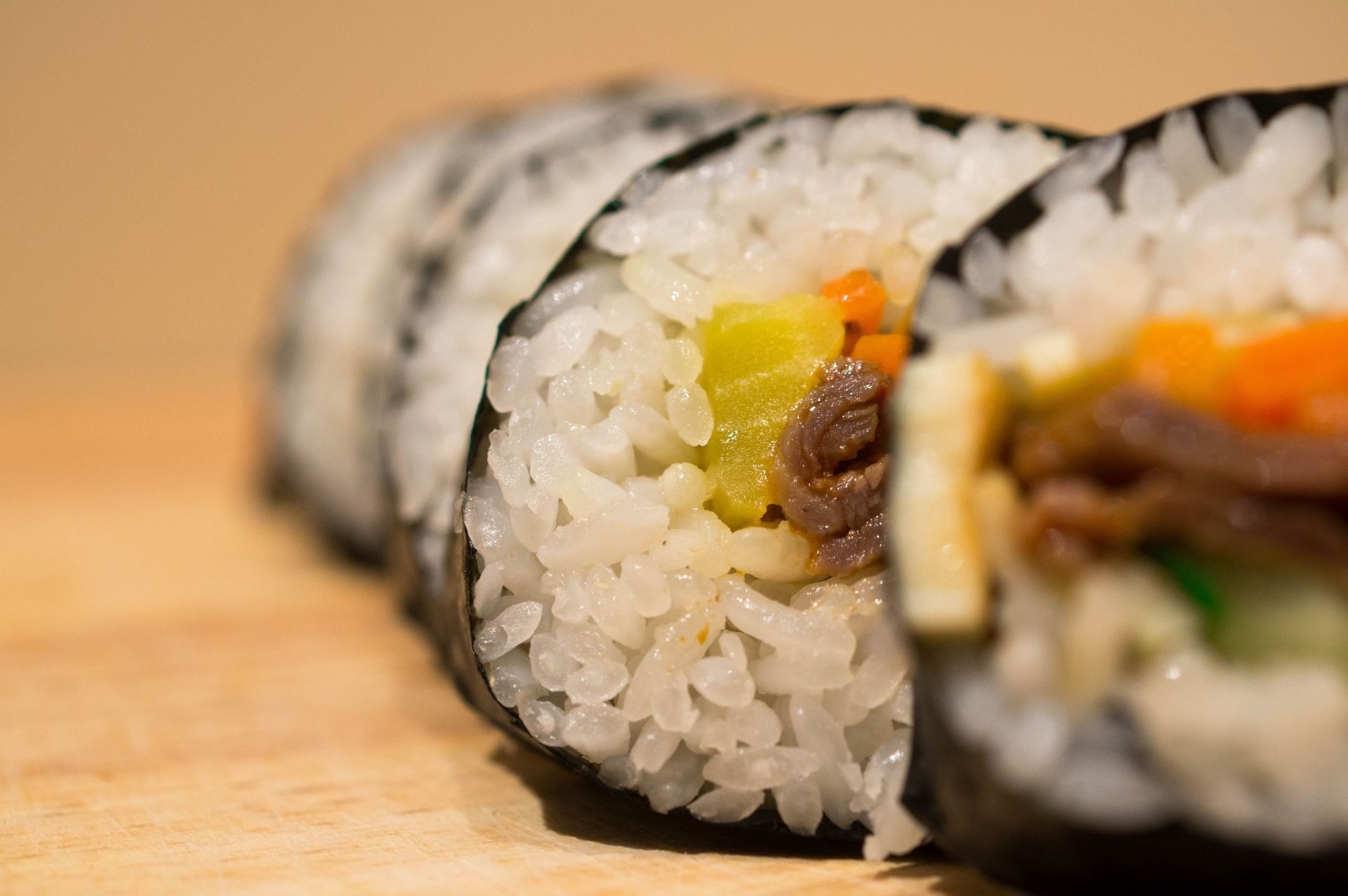 Sushi: A sheet of nori spread with rice, Dish. 1920x1280 HD Background.