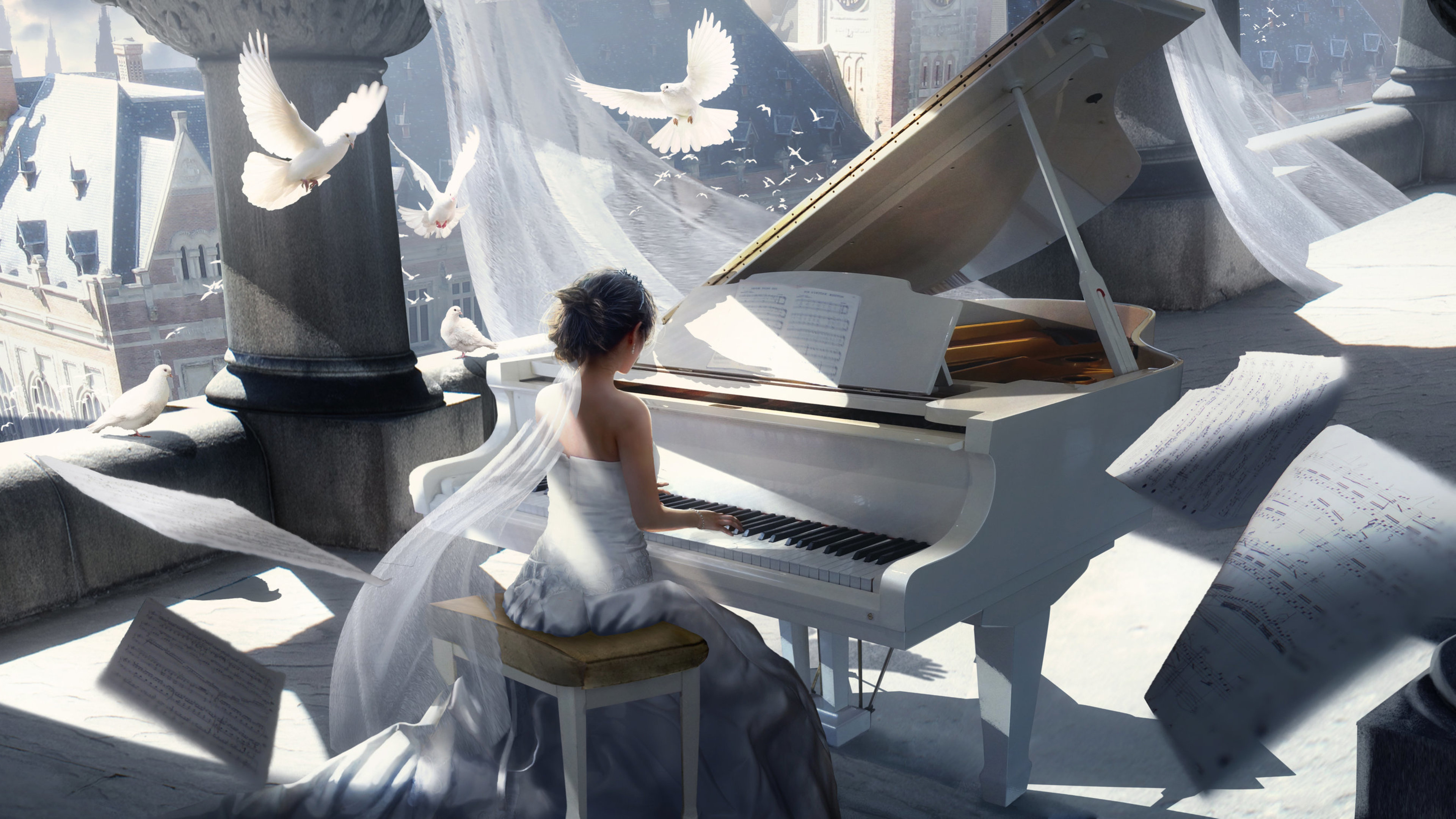 Grand Piano: White doves, Sheet music, Music instrument, played using a keyboard, Musician. 3840x2160 4K Wallpaper.