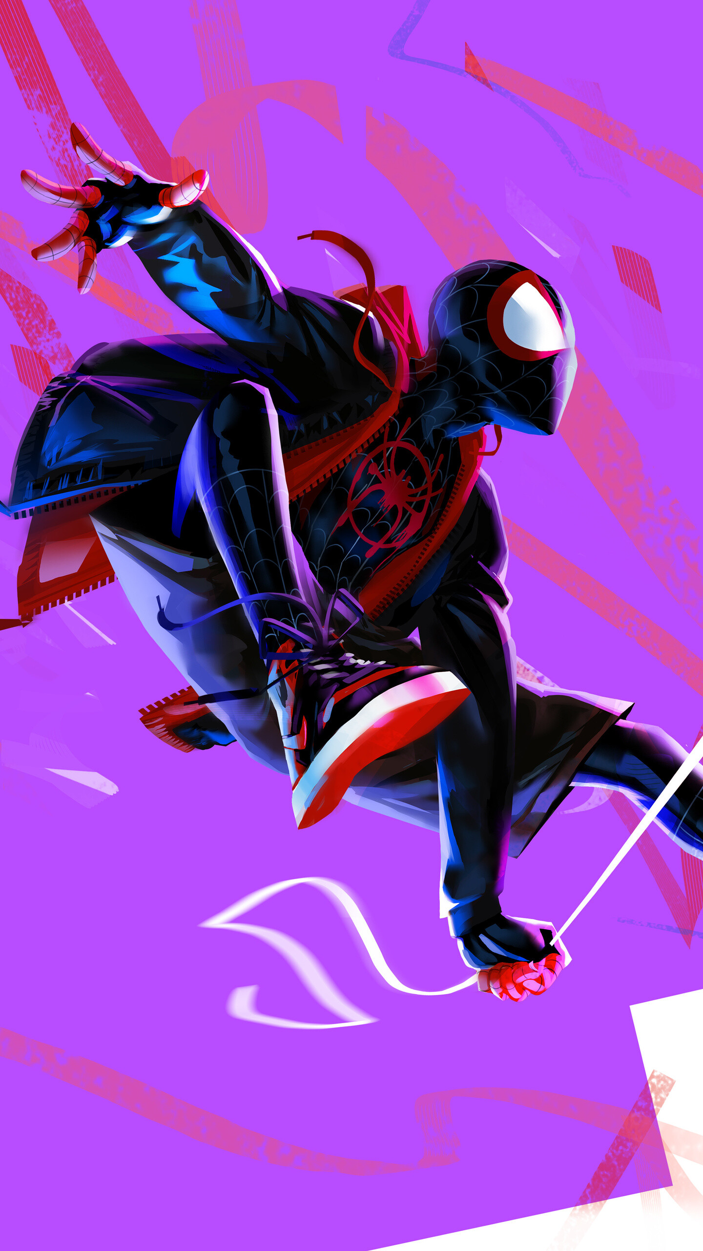 Spider-Man: Into the Spider-Verse: Miles Morales, able to traverse several paces while running and web-swinging. 1440x2560 HD Background.