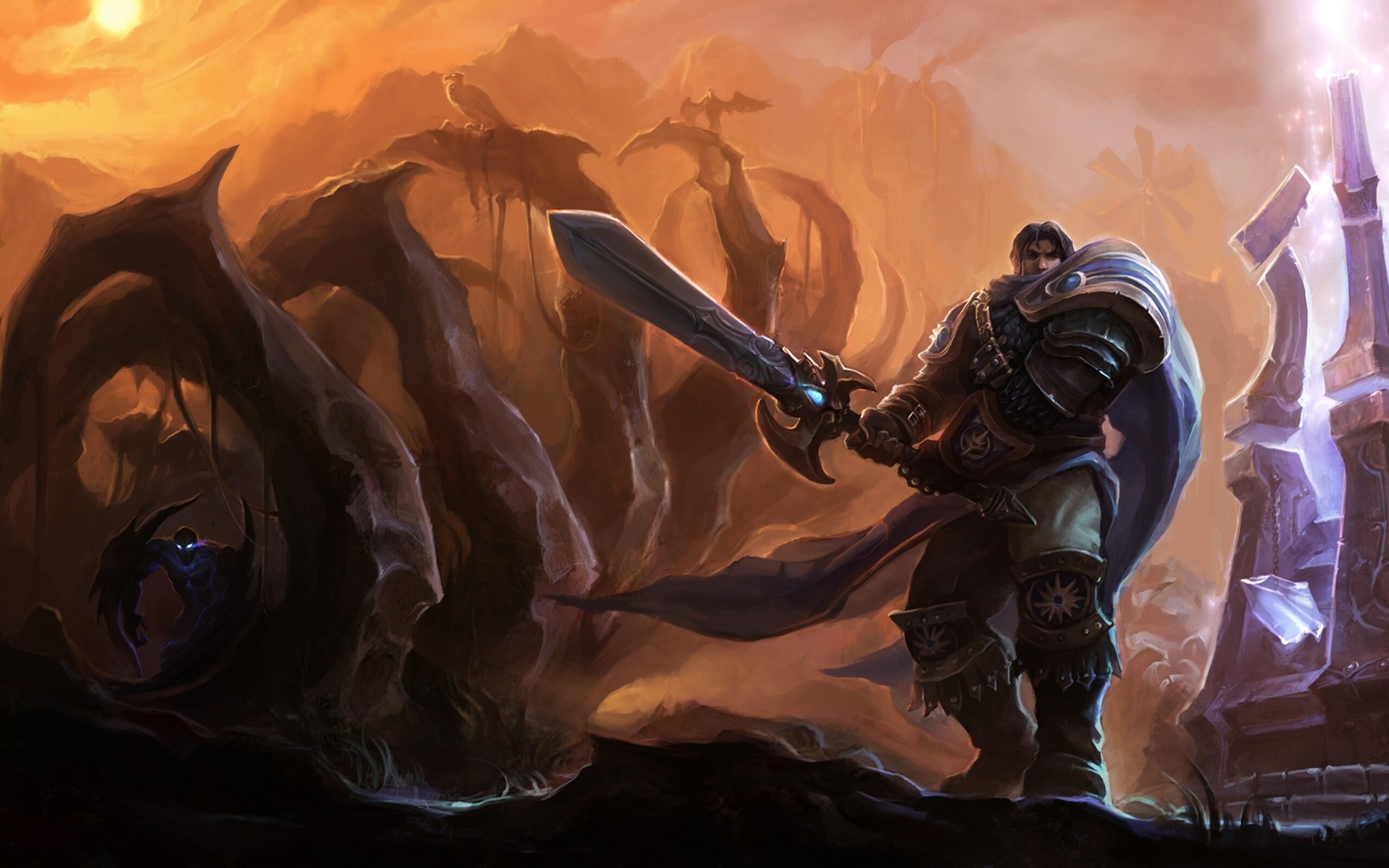 Garen: A noble order leader clad in magic-resistant armor and bearing a mighty broadsword, Fictional knight. 2560x1600 HD Background.