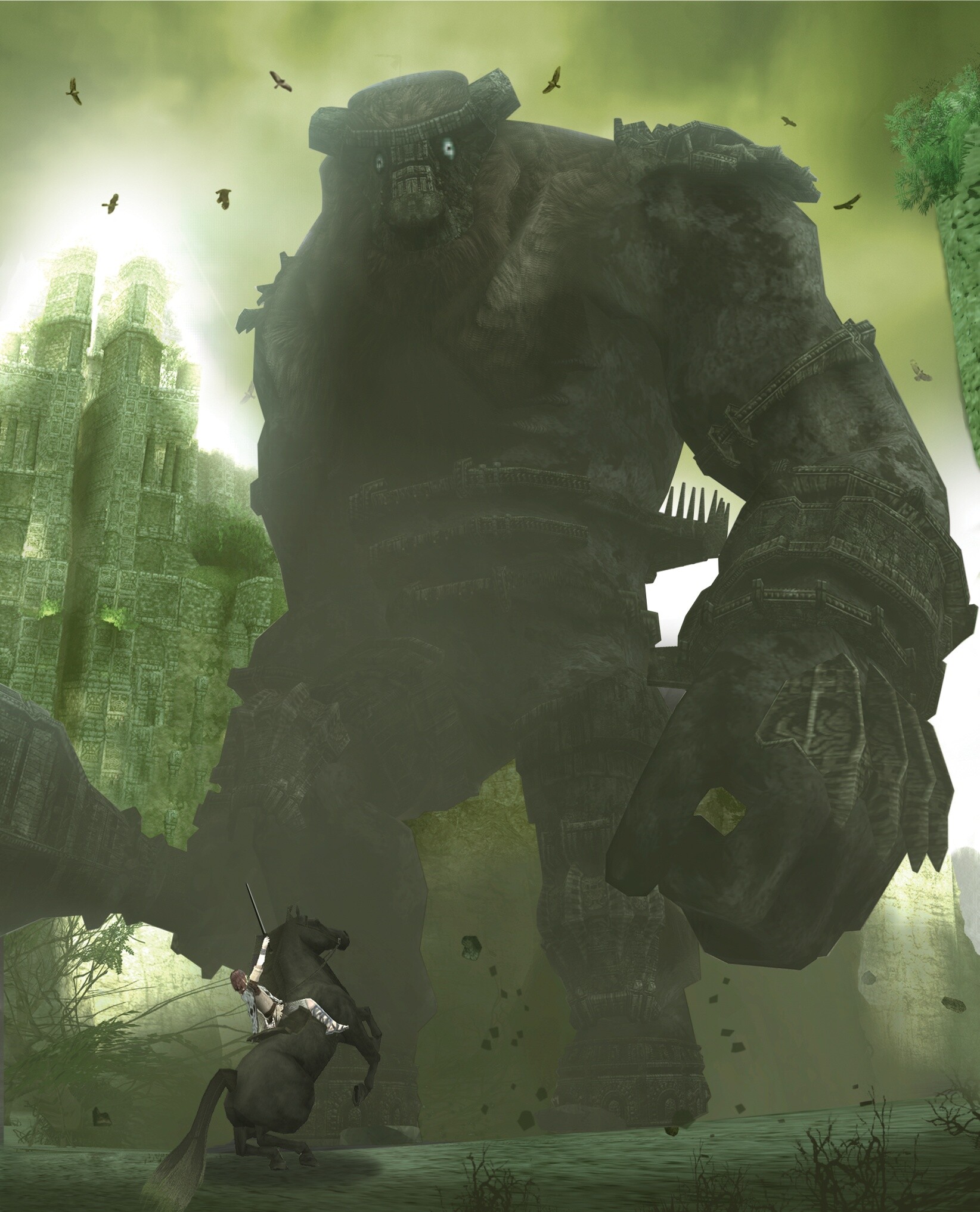 Shadow of the Colossus: Minotaur A, Valus, Wander, Agro, PlayStation 2 game. 1650x2040 HD Background.