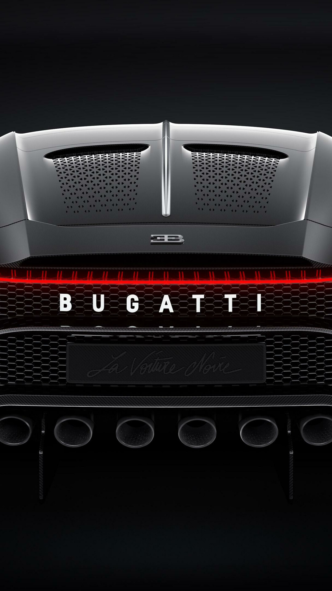 Bugatti La Voiture Noire: The car features a neo-retro-futuristic fastback body made from carbon fiber. 1080x1920 Full HD Background.