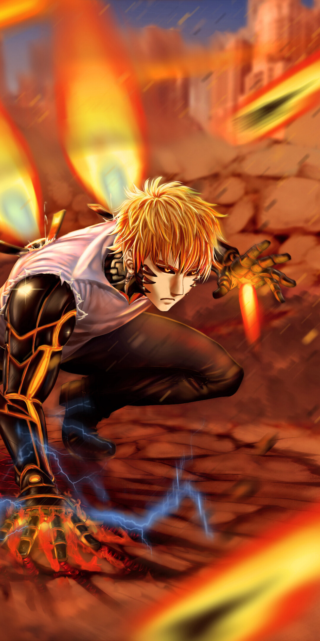 Genos: One Punch Man, A mechanical cyborg of average human height, Sparring with Saitama. 1080x2160 HD Background.