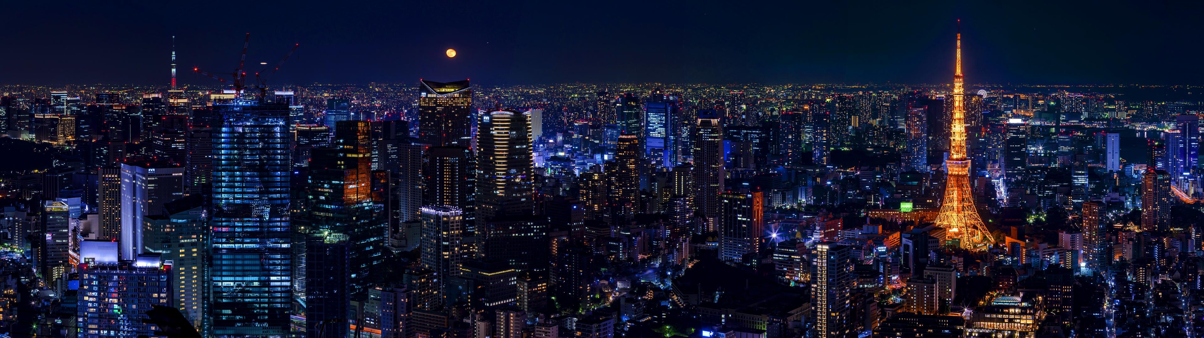 Tokyo Skyline, Glimmering lights, Nighttime magic, Urban charm, 3840x1080 Dual Screen Desktop