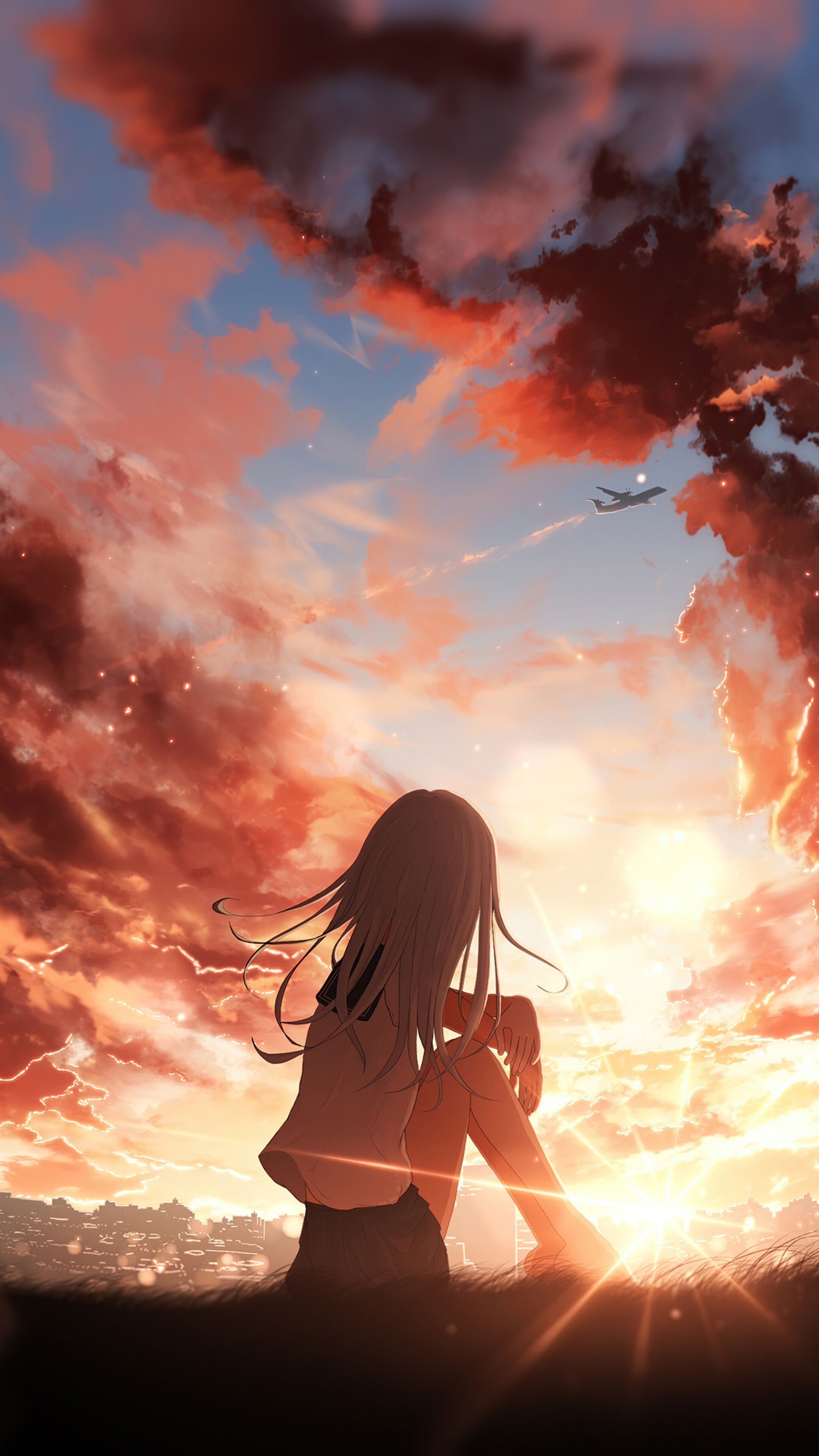 Girly: Anime character, The rising sun, A sky of fire that lit up the entire cloud. 2160x3840 4K Wallpaper.