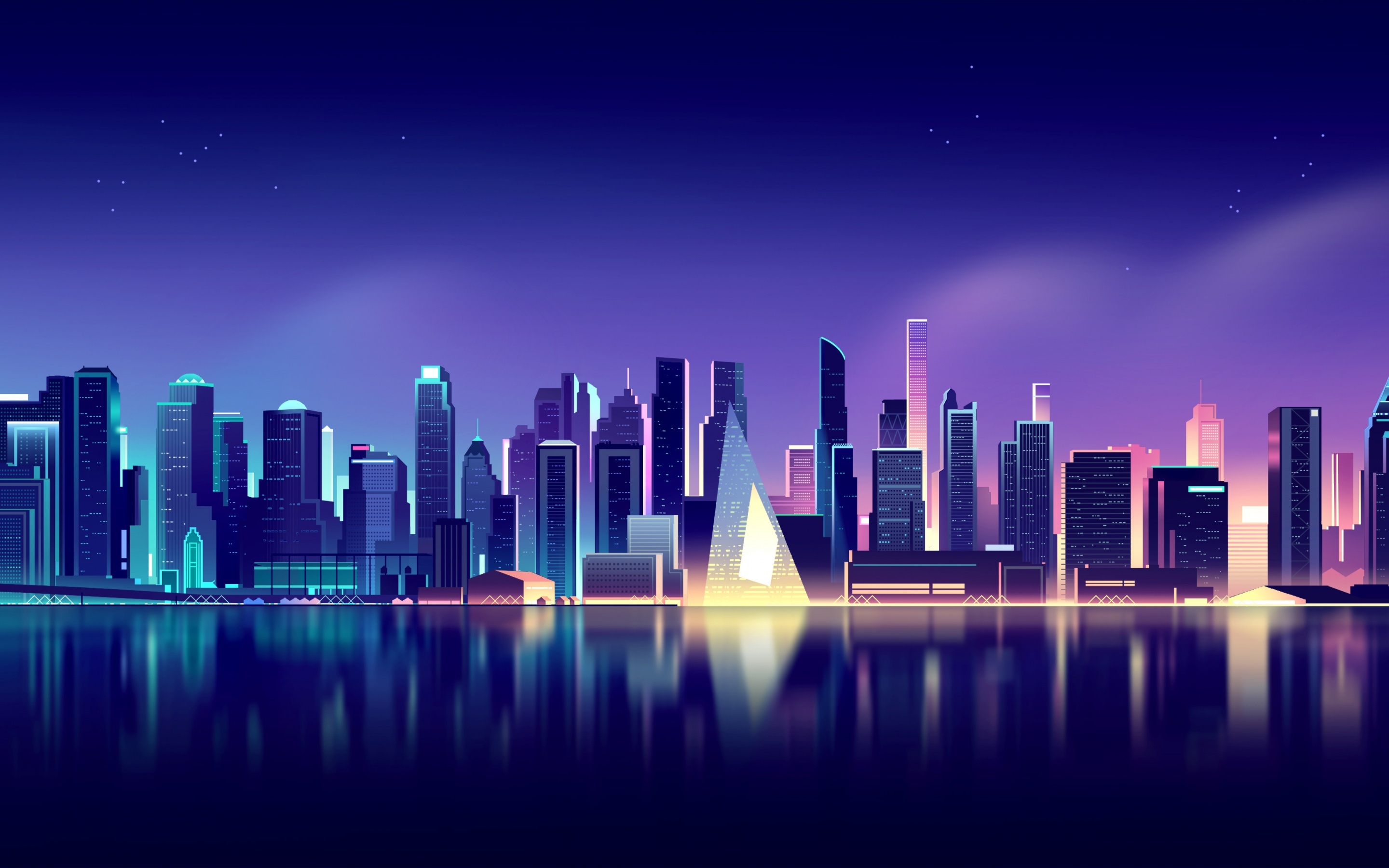 Neon Skyline, Cityscape wallpaper, Neon skyline aesthetic, Reflections, World, 2880x1800 HD Desktop