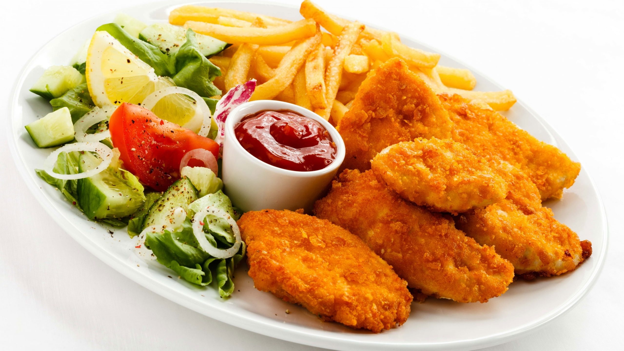 French Fries: Chicken Fillet With Chips And Dip, Fast Food, Deep Frying. 2560x1440 HD Wallpaper.