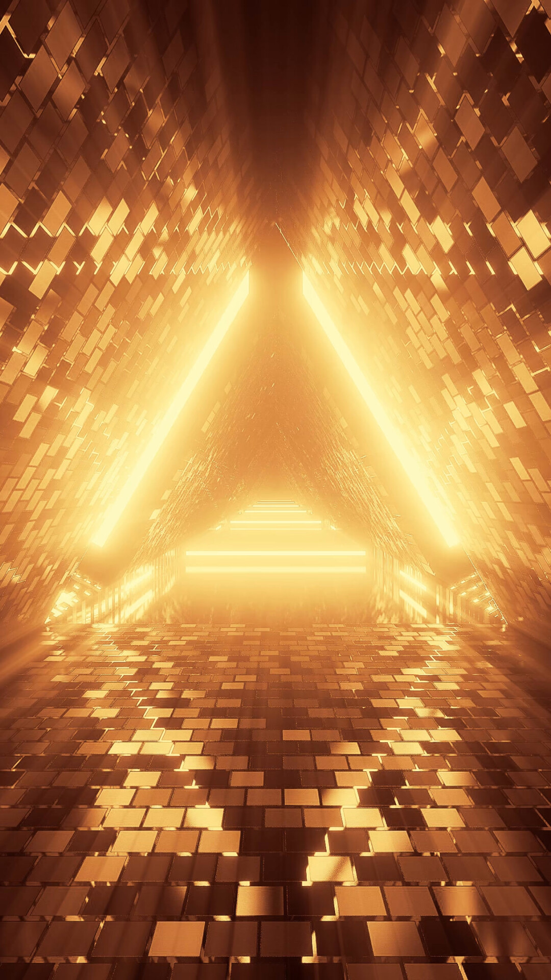 Gold Lights: Glowing light at the end of triangle tunnel, Decorative golden tiles, Warm white LED decoration lights. 1080x1920 Full HD Wallpaper.
