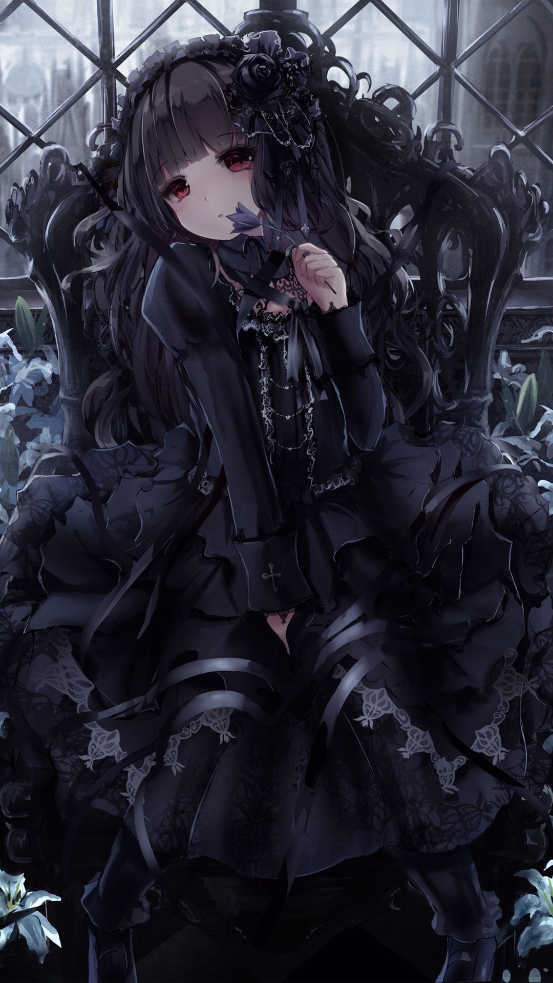 Gothic Anime: Gothic Lolita fashion, Japanese subculture, Dark visual art, Victorian costume. 1080x1920 Full HD Background.