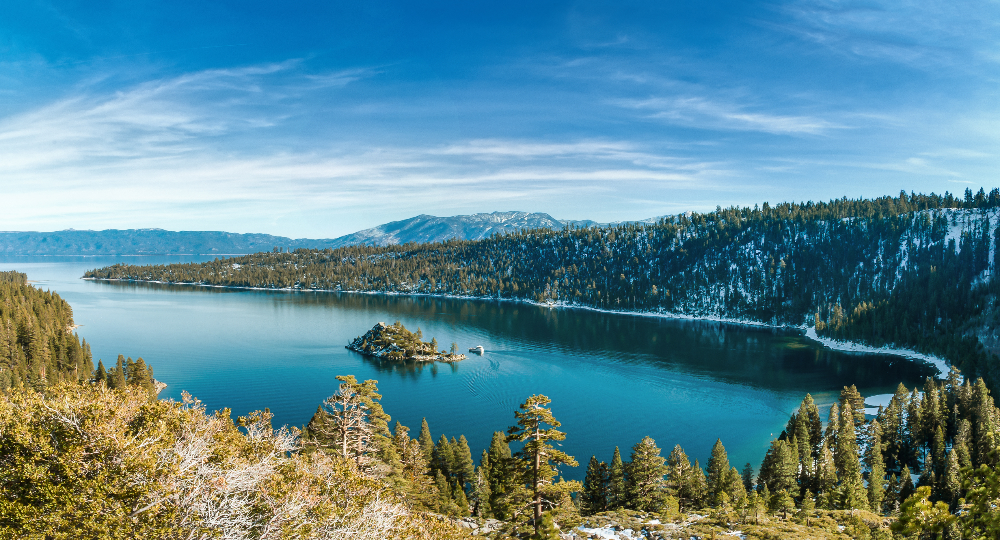 Emerald Bay, Winter wonderland, Remy Moose Manley, Lake Tahoe, 3470x1870 HD Desktop
